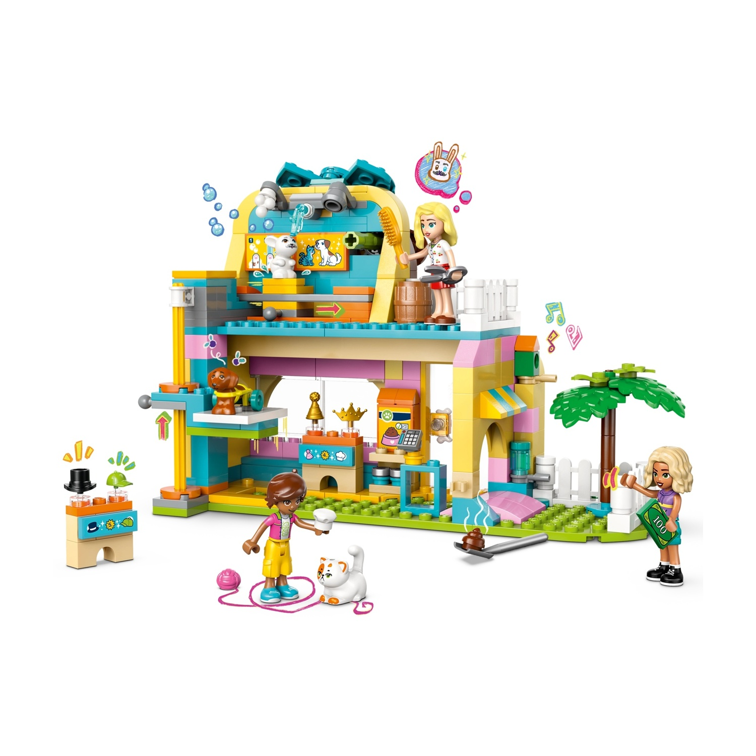 Set Lego: un colorato salone per la toelettatura di animali con figure di persone, animali e accessori.