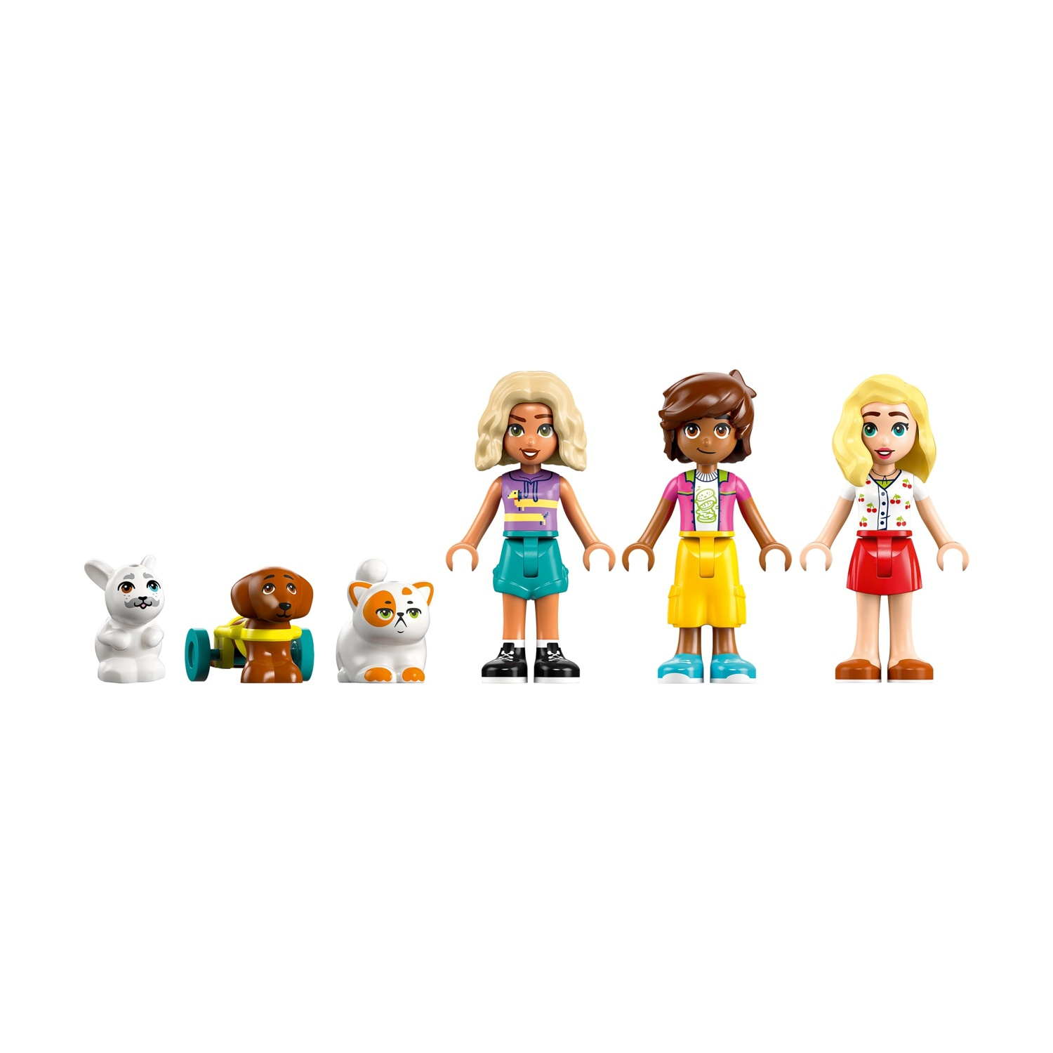 Tre personaggi Lego Friends e tre animali giocattolo: un coniglio, un cane e un gatto. I personaggi indossano abiti colorati e sono su sfondo bianco.