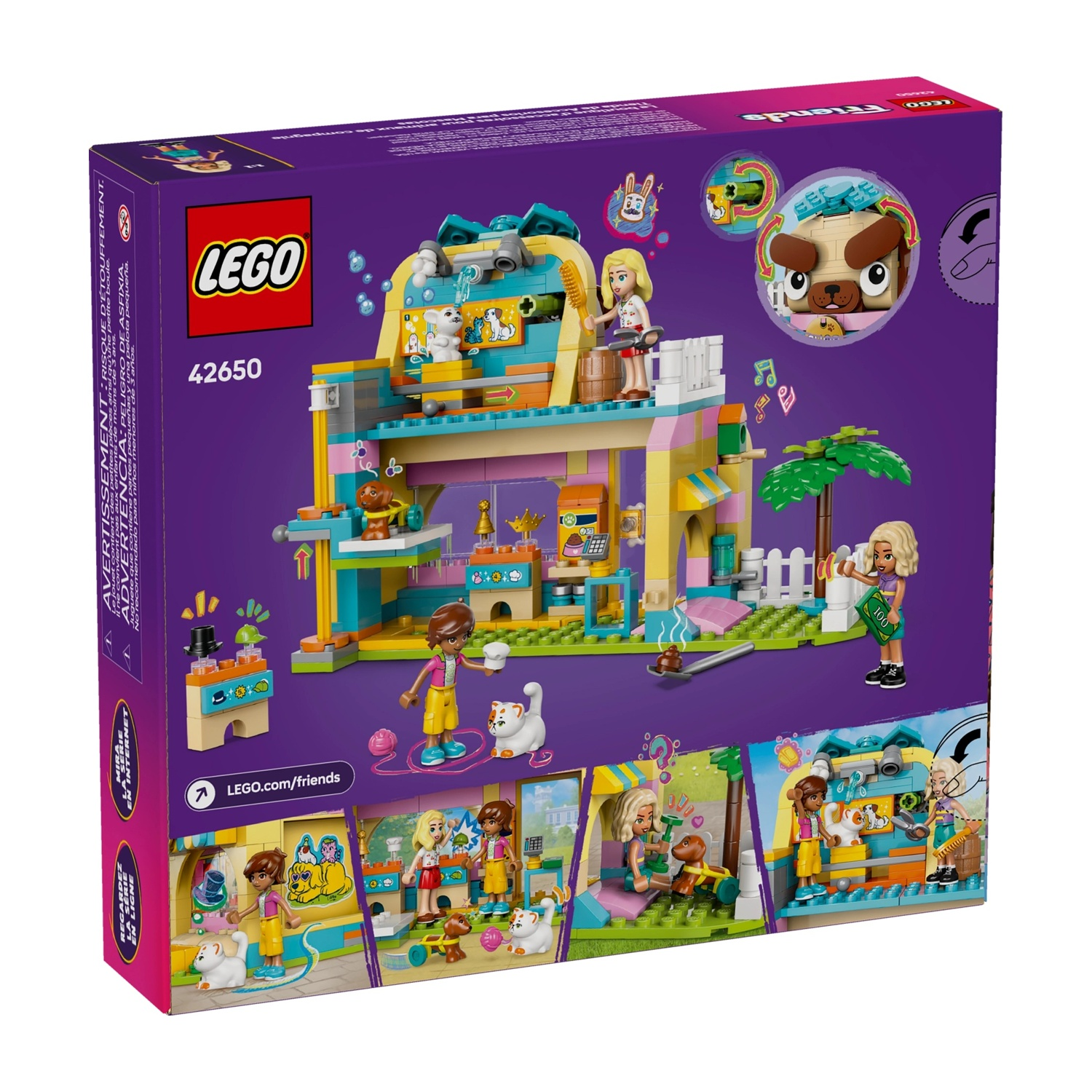 Una scatola del set Lego Friends presenta un colorato centro per la cura degli animali con minifigure e personaggi di animali, su sfondo viola.