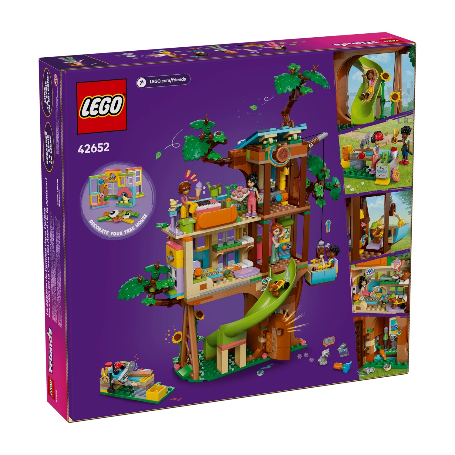 Scatola del set LEGO Friends Treehouse. Presenta una casa sull'albero multilivello con scivolo, minifigure e vari accessori. Sfondo viola.