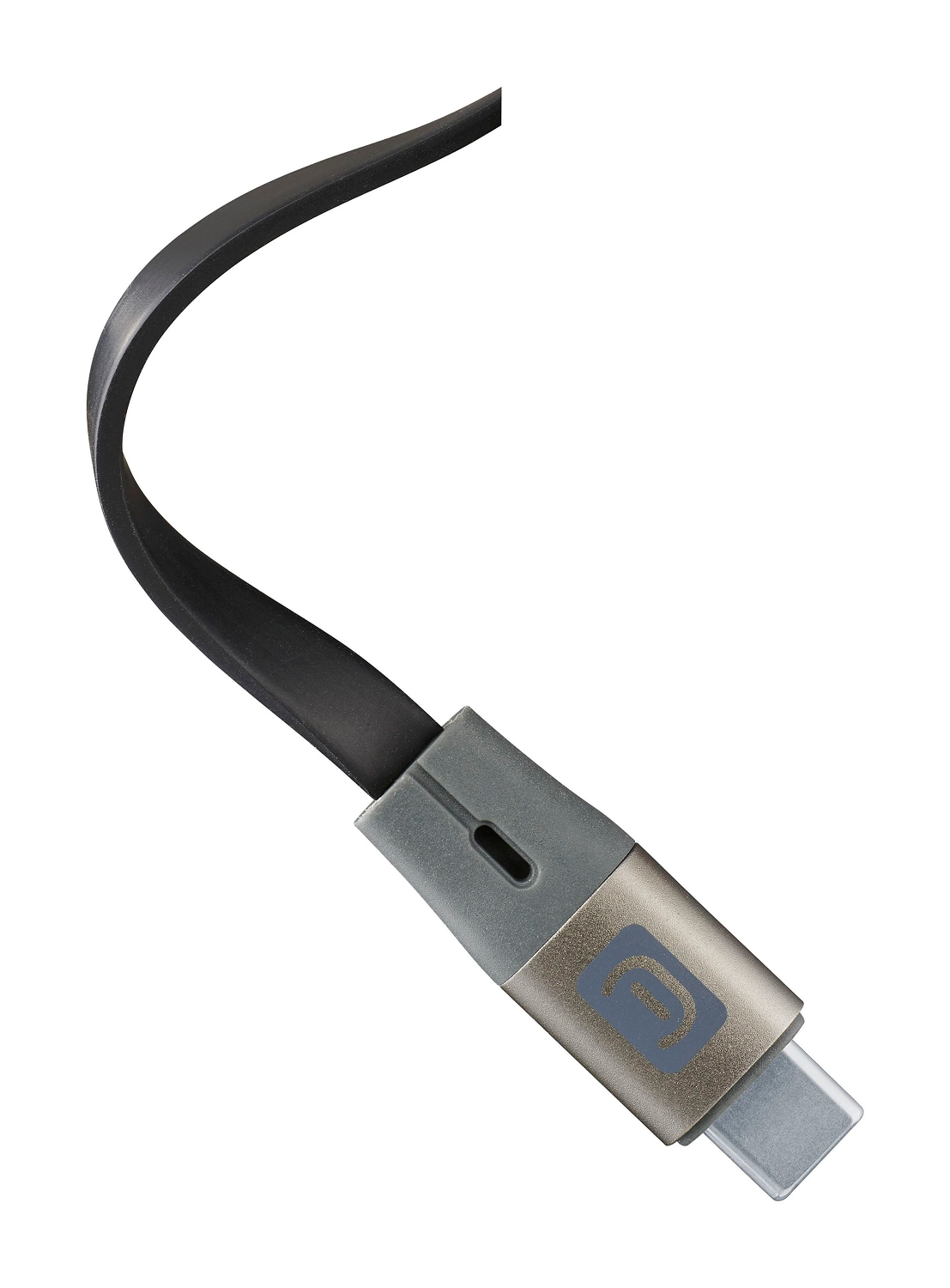 Cable de carga USB-C con cable negro y conector gris y plateado. El fondo es blanco.