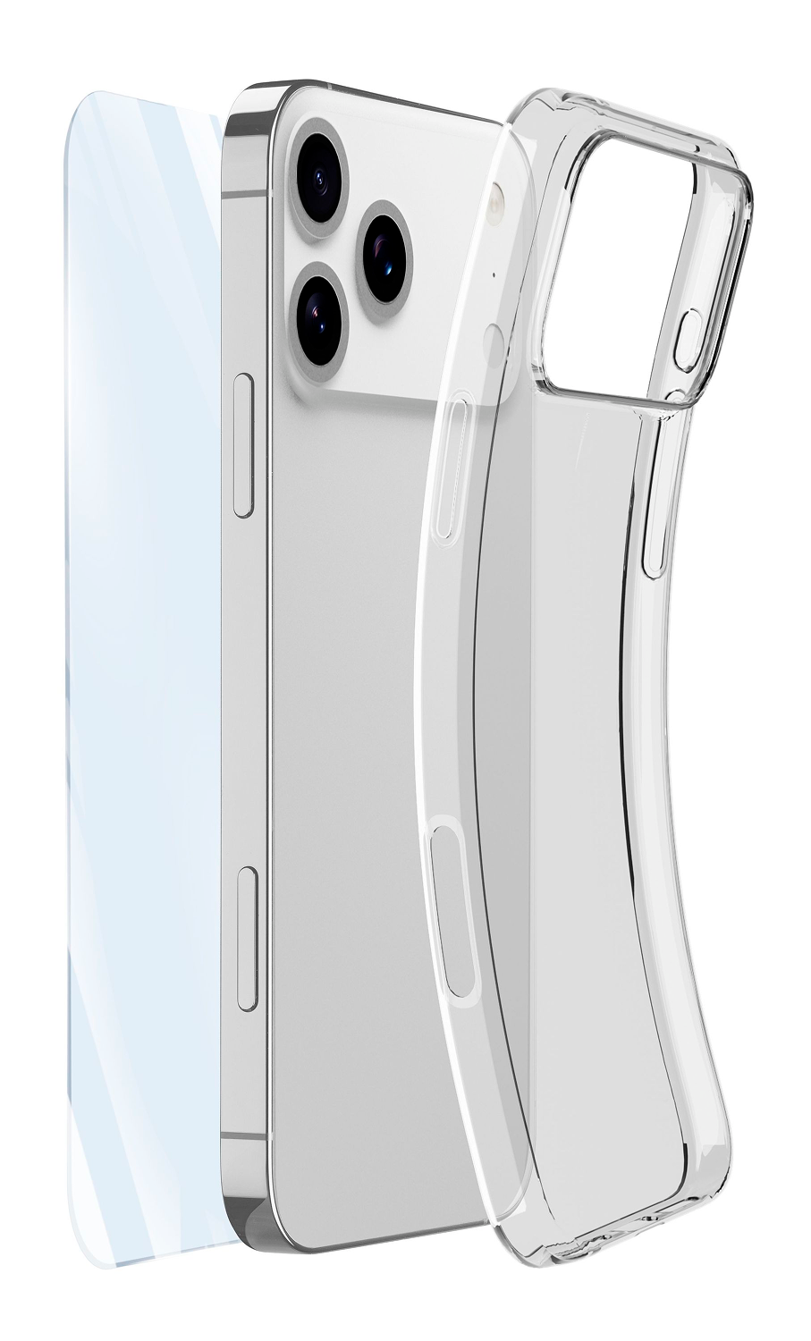 Un iPhone plateado con una funda transparente y un protector de pantalla. Se ven tres lentes de cámara. Fondo blanco.