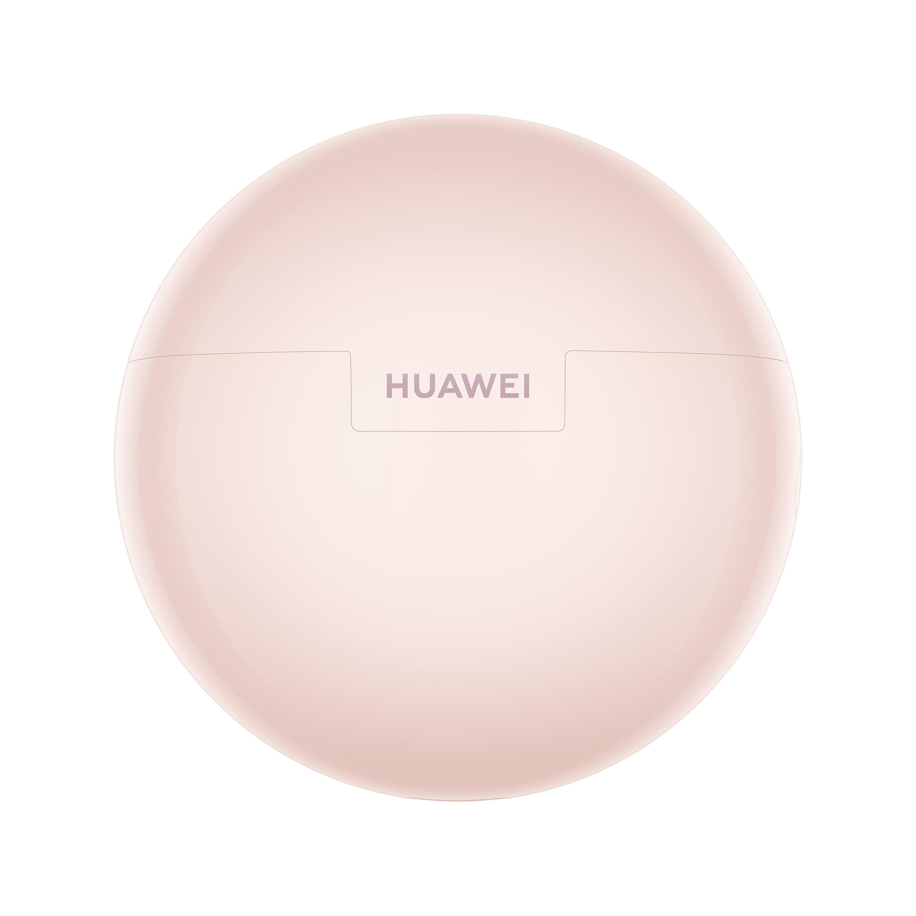 Ein hellrosa, abgerundetes Ladecase für Ohrhörer. Der Markenname HUAWEI ist mittig aufgedruckt.