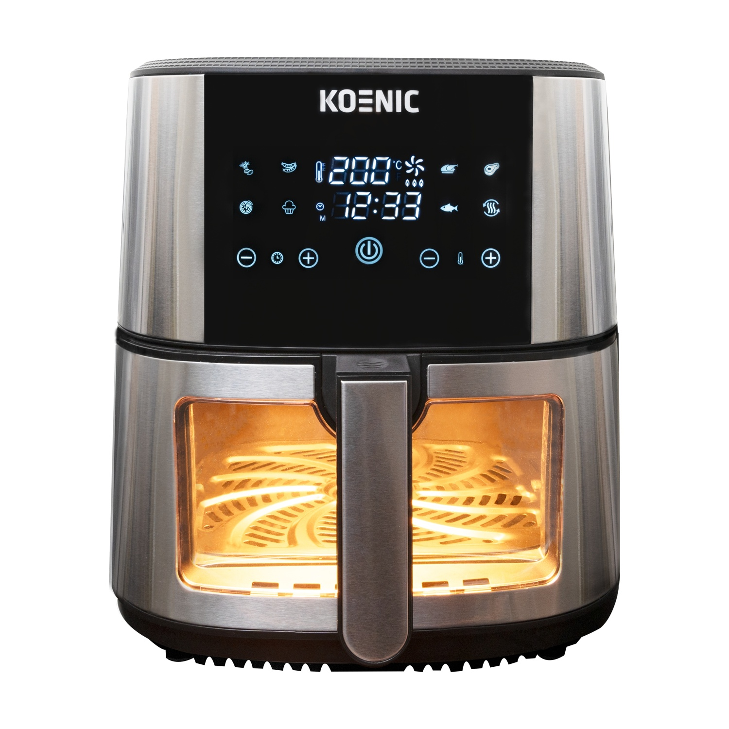Una friggitrice ad aria Koenic, argento e nero. Ha un display digitale che mostra tempo e temperatura. L'interno è illuminato.