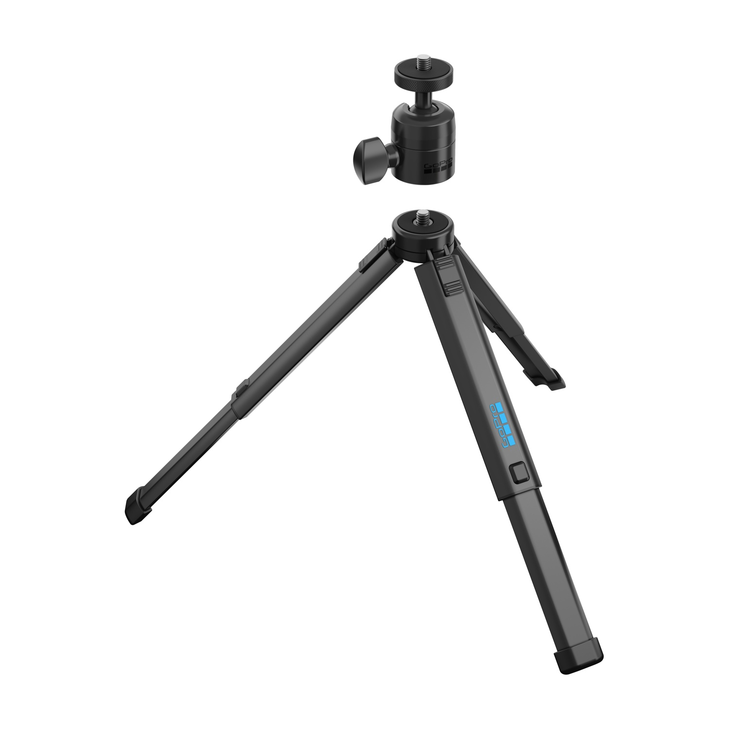 Treppiede GoPro nero con testa a sfera, gambe aperte e sfondo bianco. Il treppiede è compatto e pieghevole.