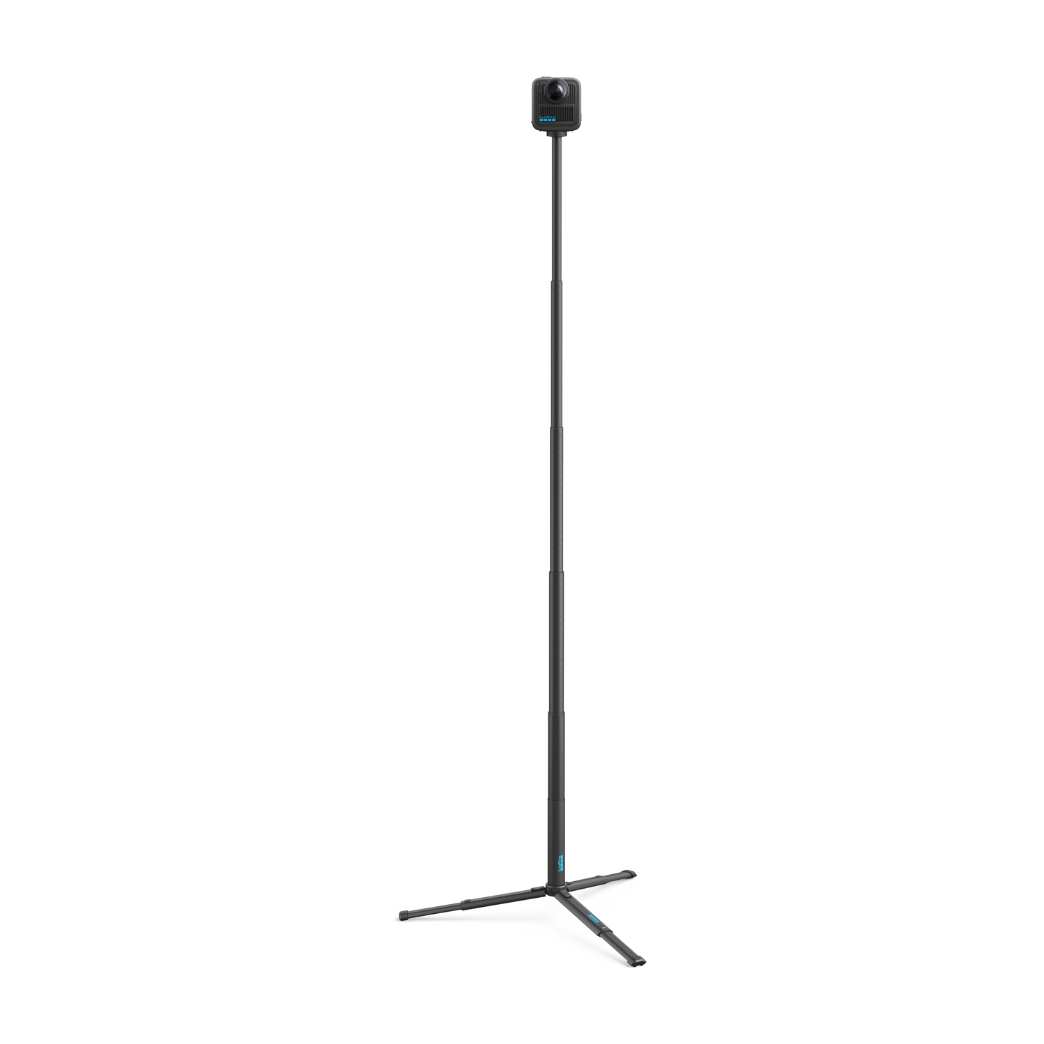 Una fotocamera nera su un supporto alto. Il supporto ha una base a treppiede. Lo sfondo è bianco.