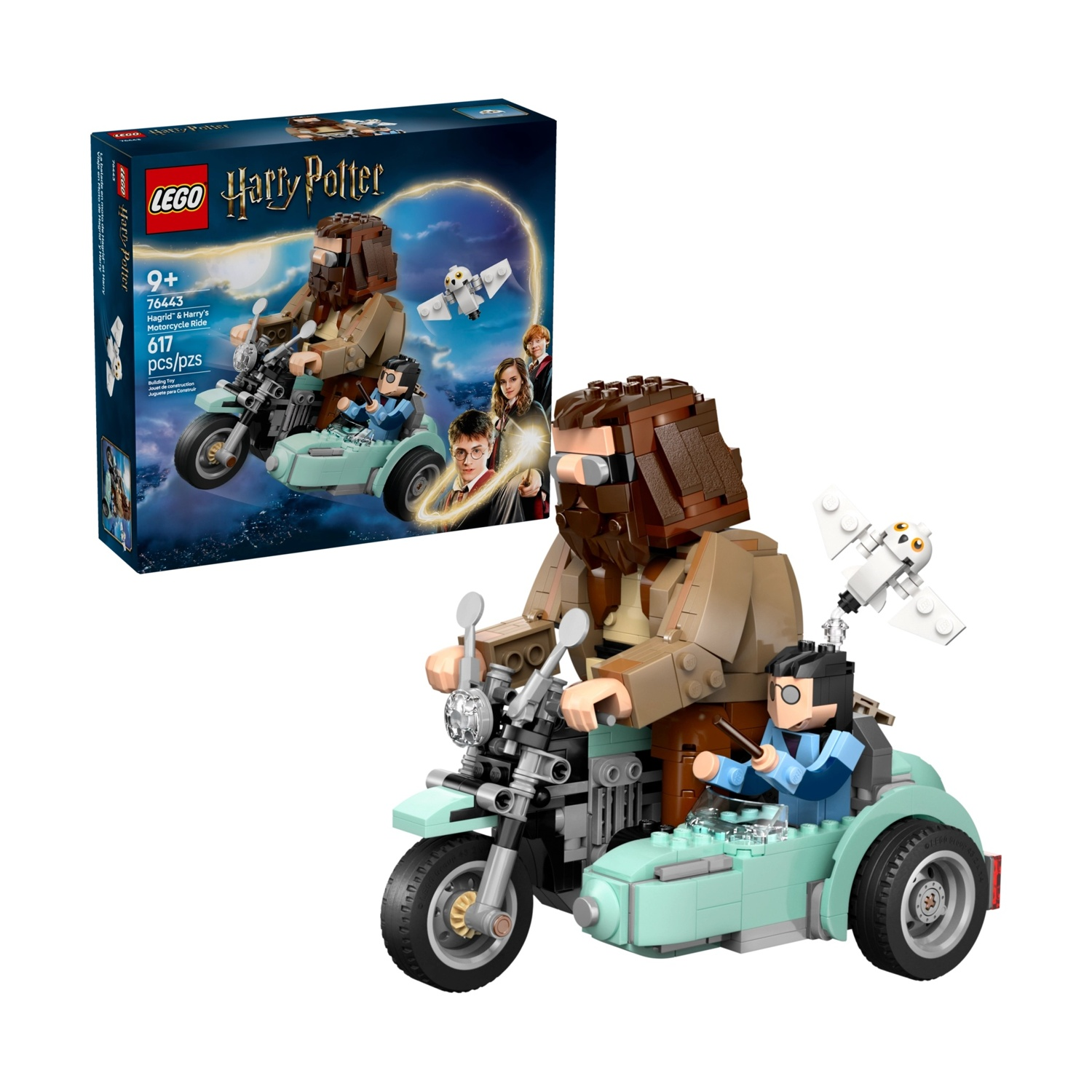 Set Lego con Hagrid e Harry su una moto. Il set include personaggi e accessori. La scatola mostra il set e i personaggi.