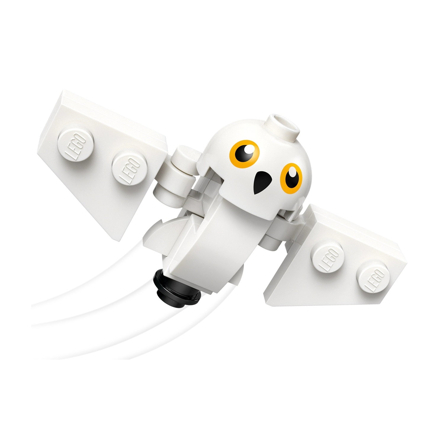 Un gufo LEGO bianco con occhi gialli e becco nero vola su sfondo bianco. Le ali sono spiegate e lascia scie di movimento bianche.