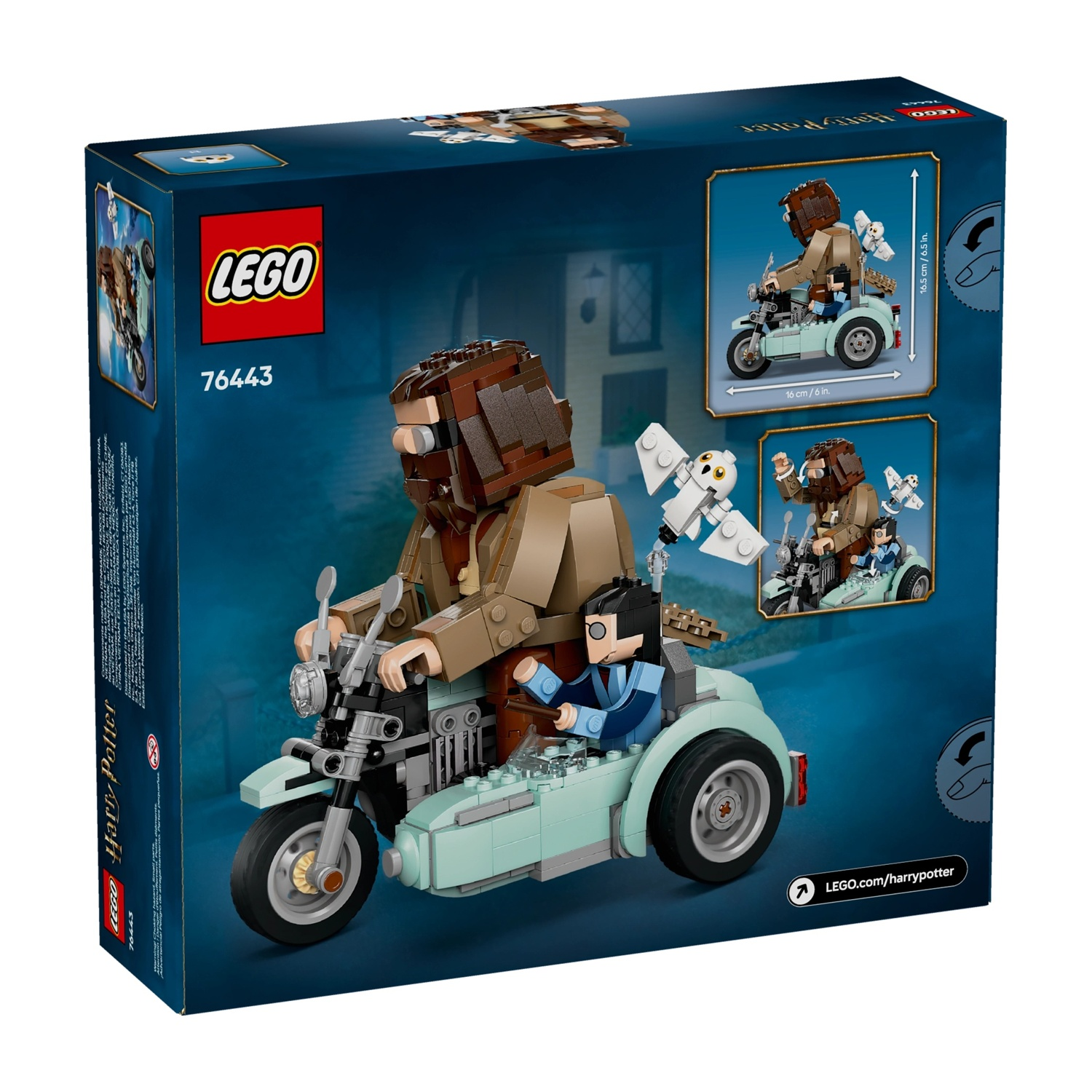 Scatola LEGO con Harry Potter e Hagrid su una moto azzurra con sidecar. Include Edvige, il gufo. Il logo LEGO è visibile.