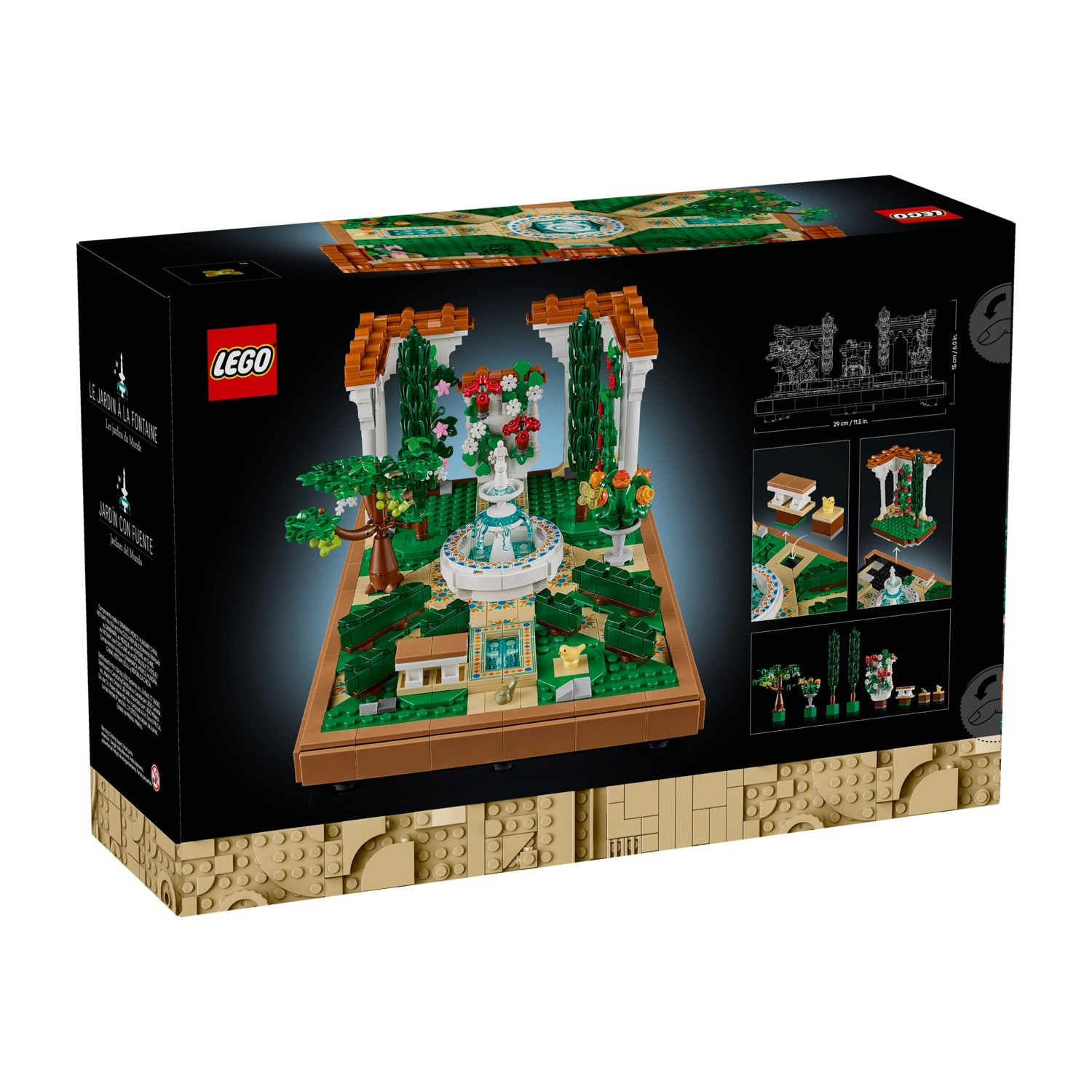 Scatola Lego che mostra una scena di giardino con una fontana, alberi ed elementi architettonici. La scatola è nera e beige.