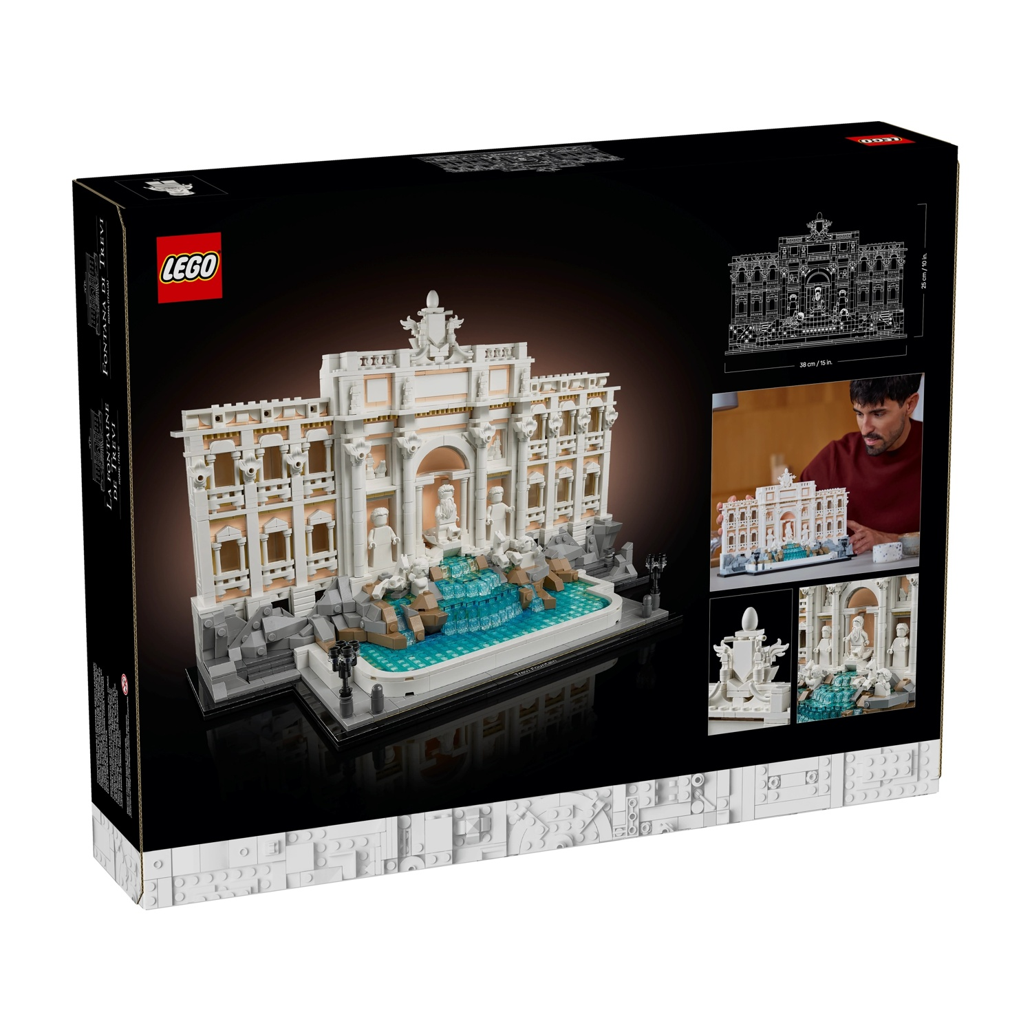 Scatola LEGO del set della Fontana di Trevi. La scatola mostra il modello finito, un diagramma e una persona che lo costruisce.