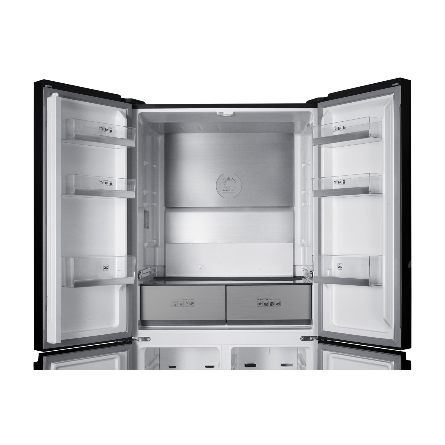 Un frigorifero nero aperto con quattro porte. All'interno ci sono ripiani, cassetti e superfici metalliche. Le porte sono spalancate.