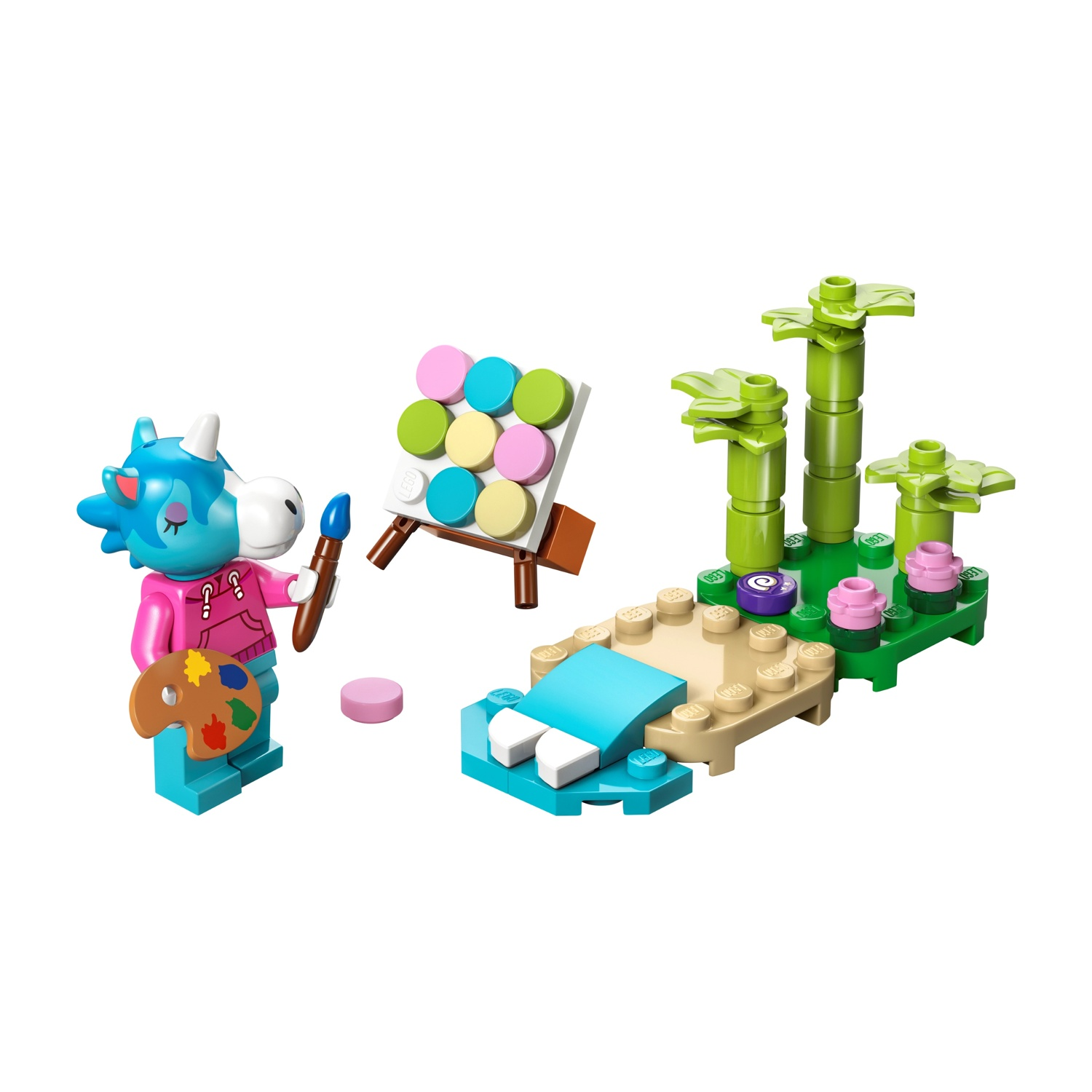 Una scena Lego con un artista mucca blu, cavalletto, vernice colorata e una piccola isola con piante.