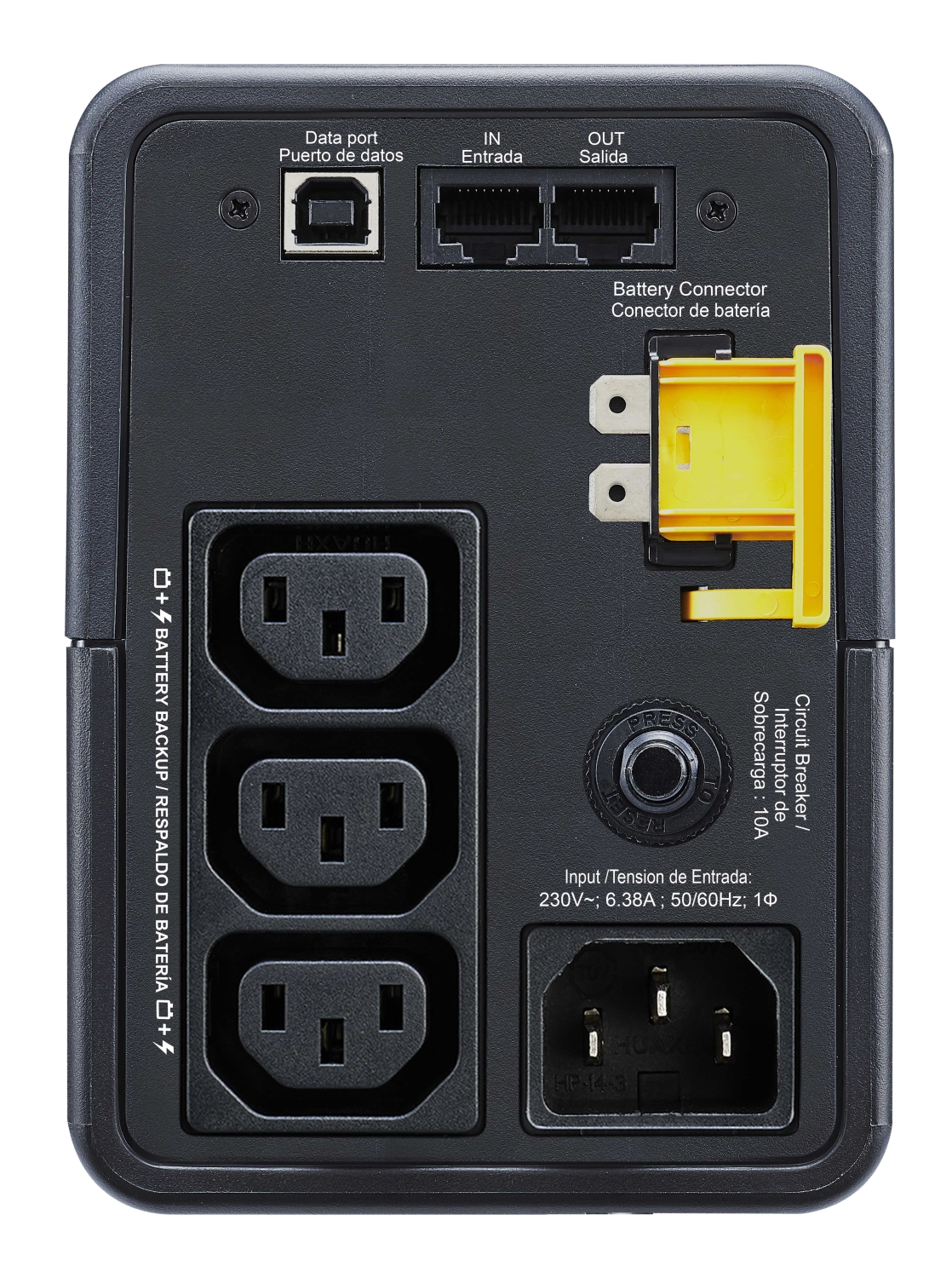 Czarny tylny panel urządzenia z portami, gniazdami zasilania i żółtym złączem baterii. Etykiety tekstowe obejmują port danych, wejście, wyjście i kopię zapasową baterii.