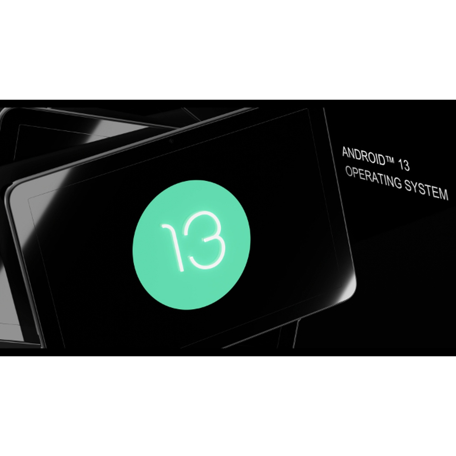Tablet con schermi neri. Uno mostra un cerchio verde acqua con il numero 13 in bianco, con il testo "Sistema operativo Android 13".