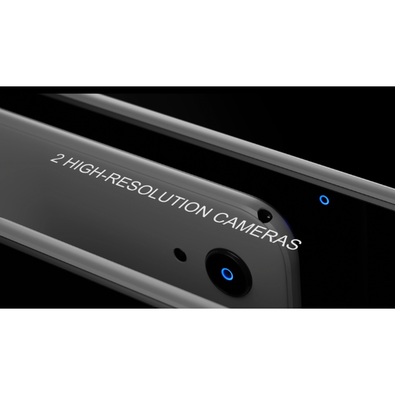 Primo piano di un dispositivo grigio con due fotocamere ad alta risoluzione. Luci blu accese. Testo: '2 TELECAMERE AD ALTA RISOLUZIONE'.