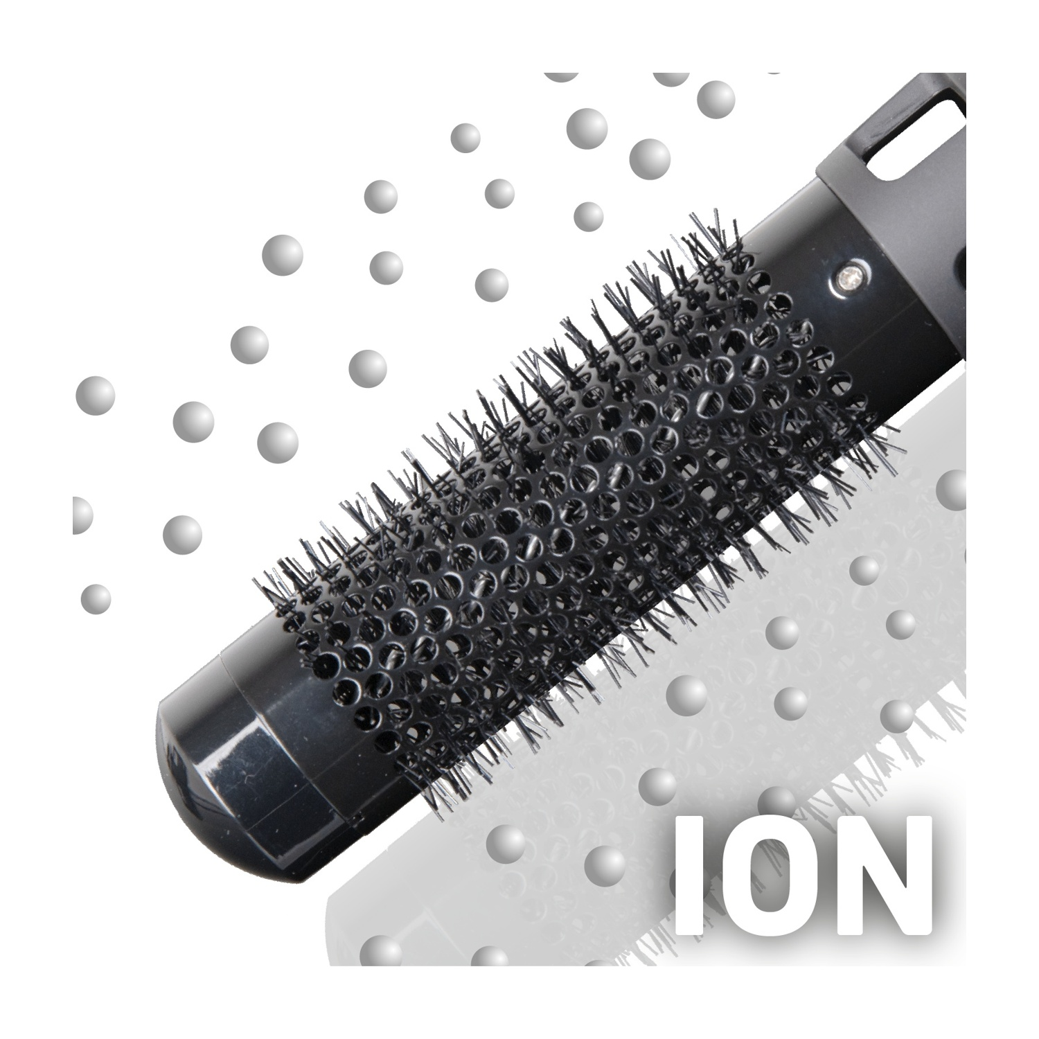 Spazzola nera per capelli con setole e fori. Palline bianche fluttuano intorno. La parola 'ION' è scritta in basso.