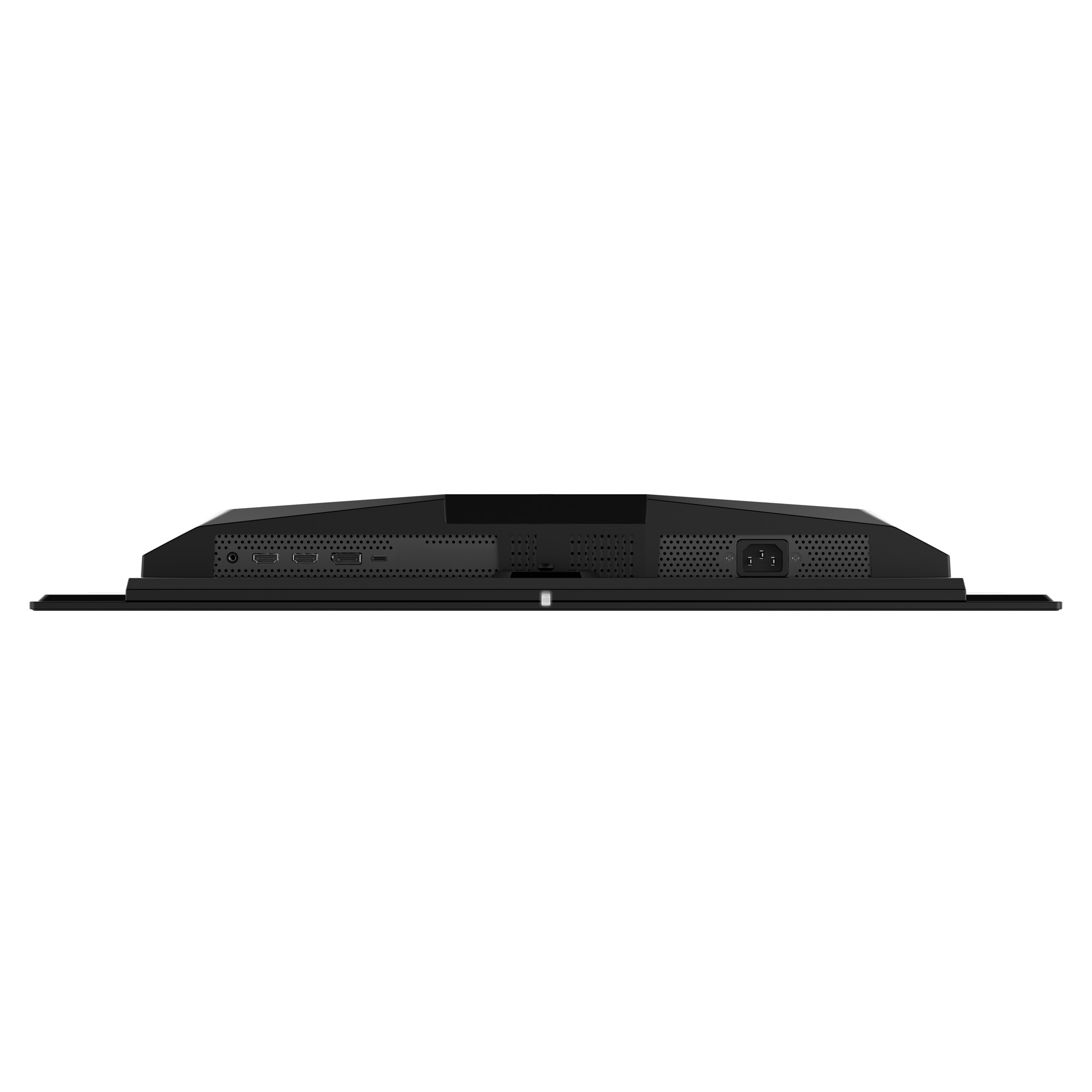 The back of a black monitor is shown, with various ports and a power connector. The background is white.