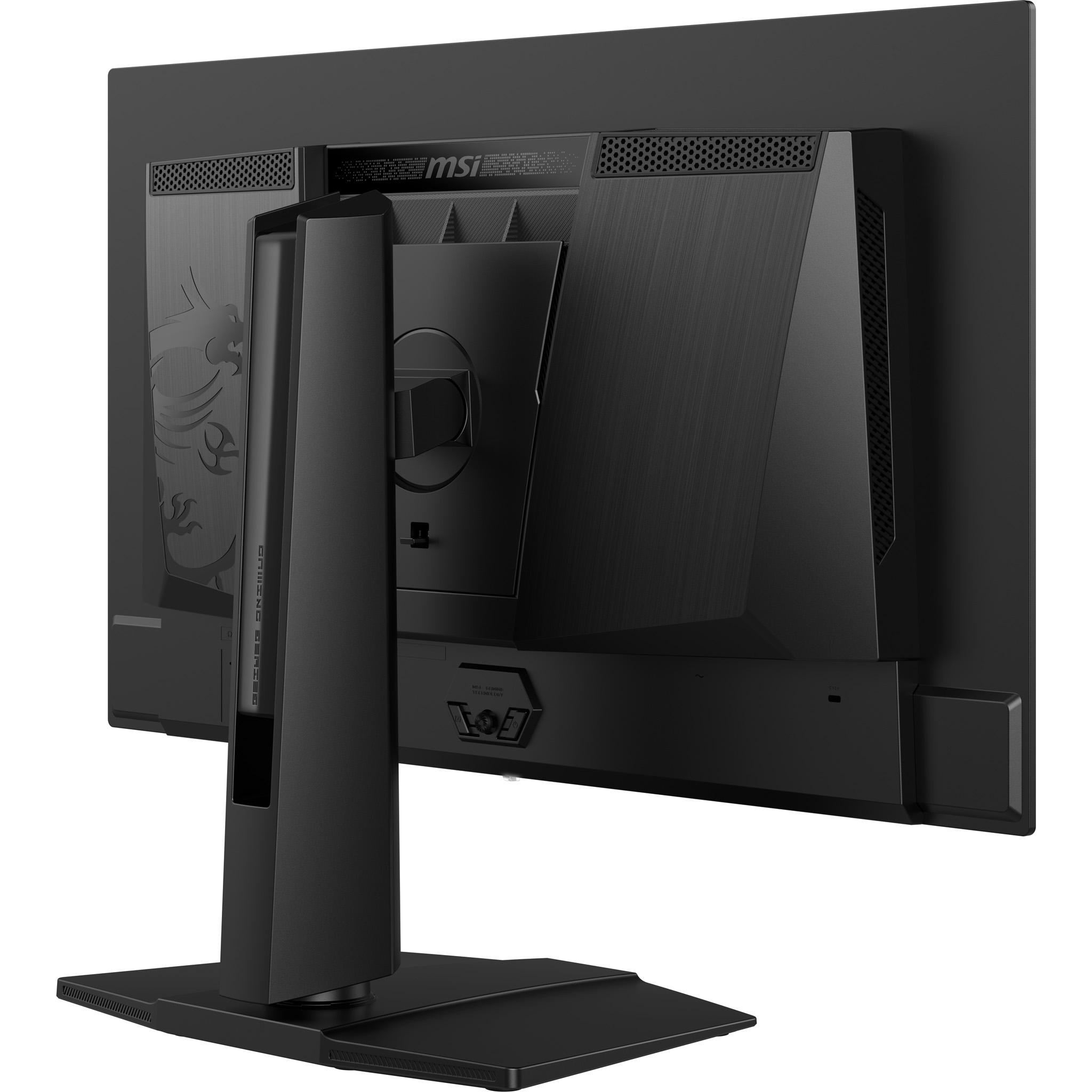 Back of a black MSI gaming monitor. It is on a stand. Features vents, ports, and the MSI logo. The stand is black.