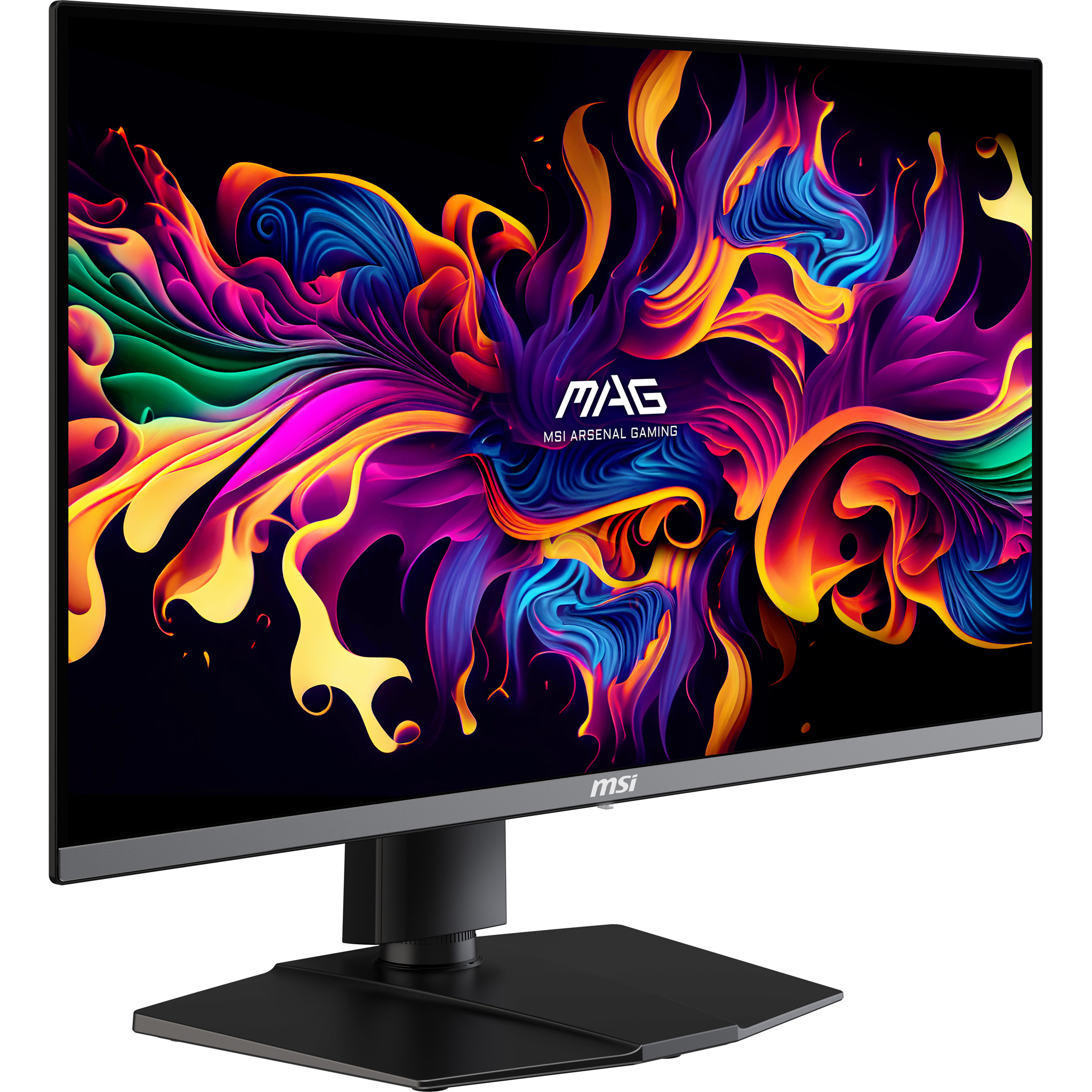 MSI gaming monitor with a colorful abstract display. It has a black base and stand. The screen shows the MAG logo.