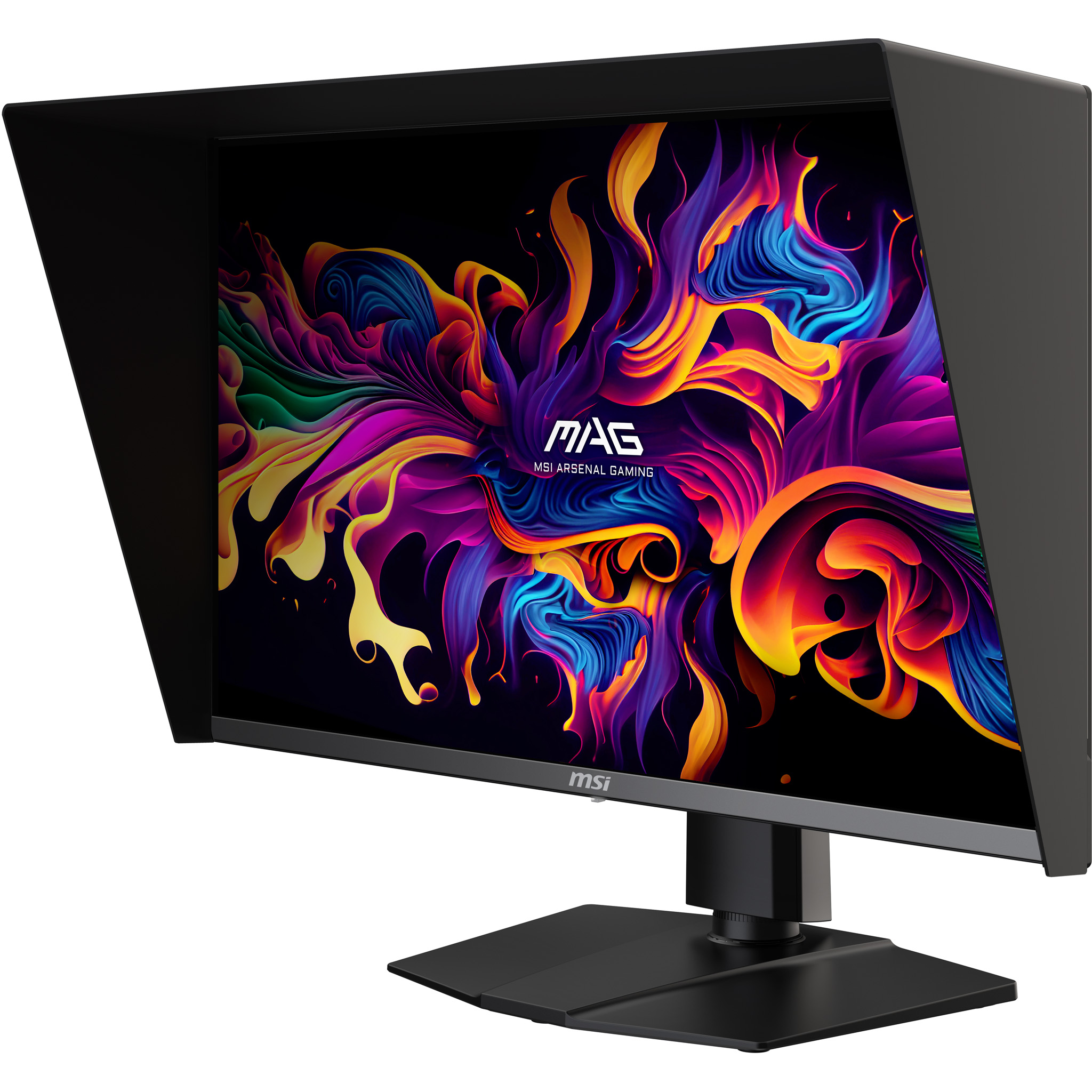 A black computer monitor with colorful abstract art on the screen, with a black hood. The base is black.