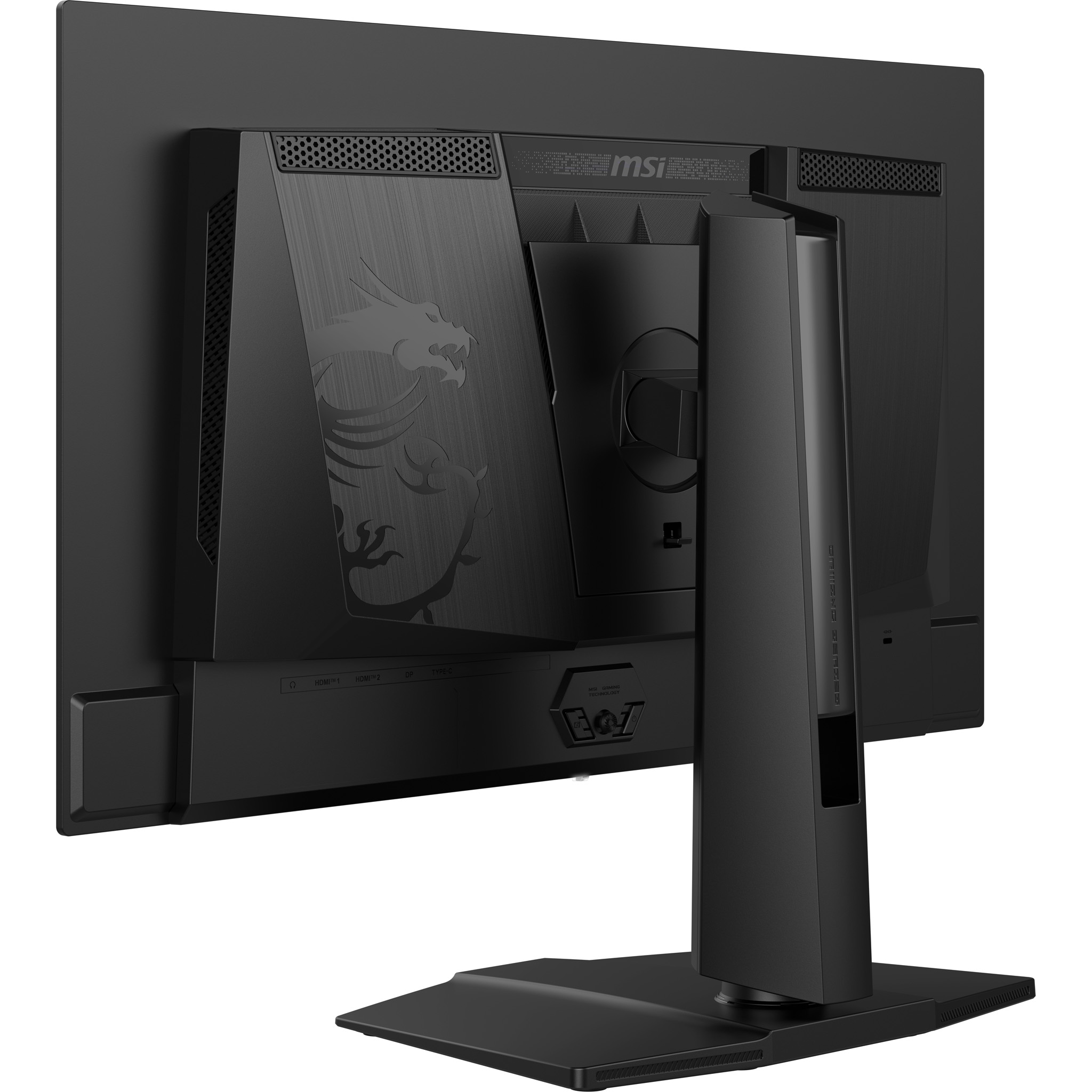 A black MSI gaming monitor, rear view. It has a dragon logo, ports, and a stand. The brand name is visible.