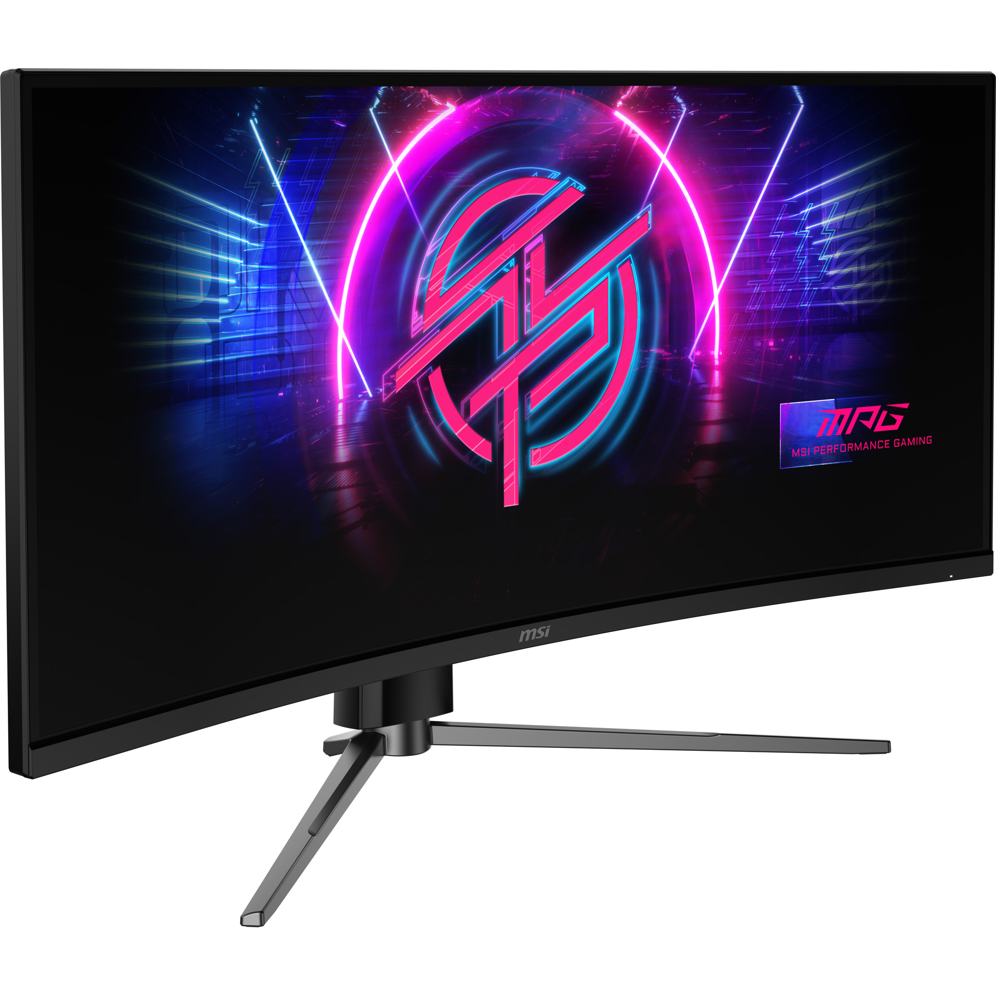 A curved MSI monitor displays a neon logo against a blue and pink background. The monitor sits on a white surface.
