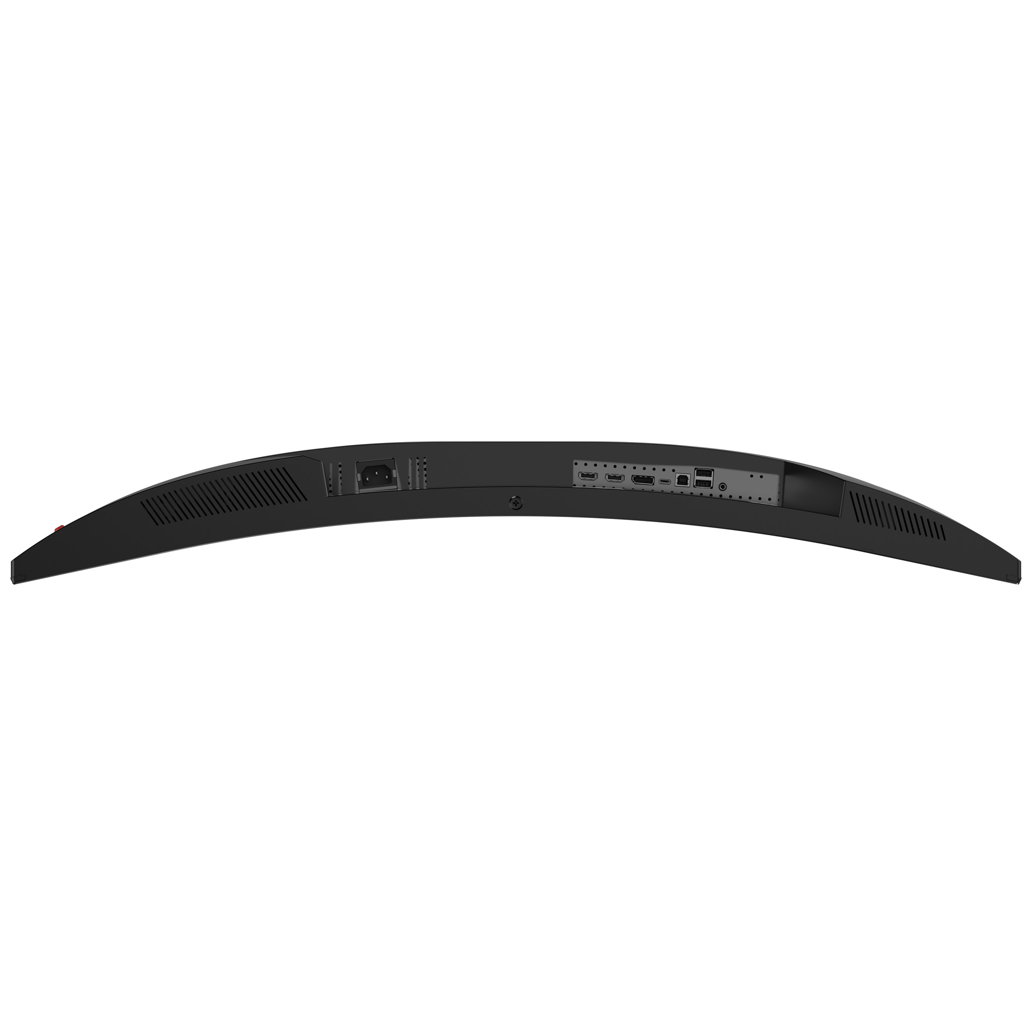 A curved black monitor back with ports and power input against a white background. Details include vents and connectors.