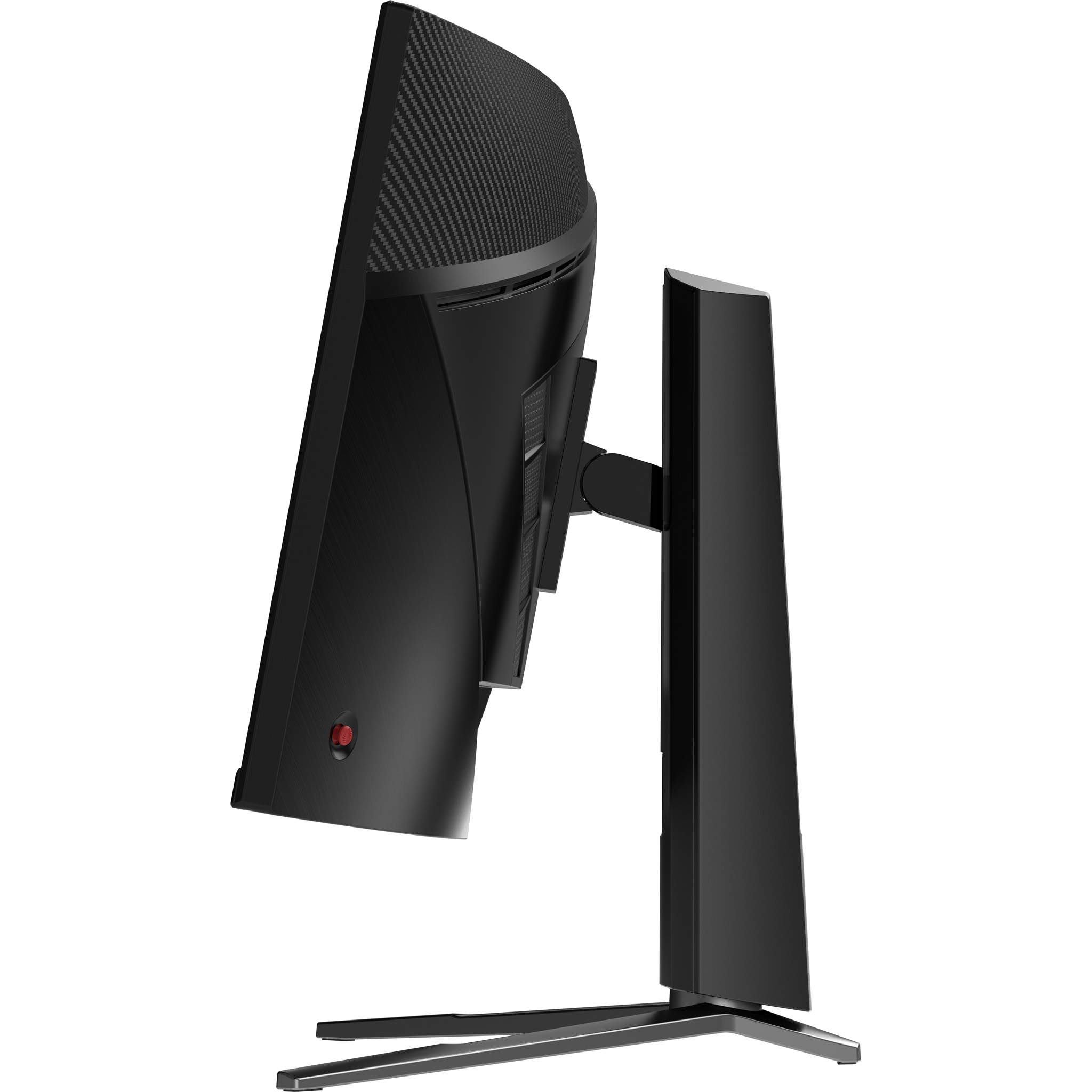 Black curved monitor with a carbon fiber back, stand, and red button. Side view on white background.