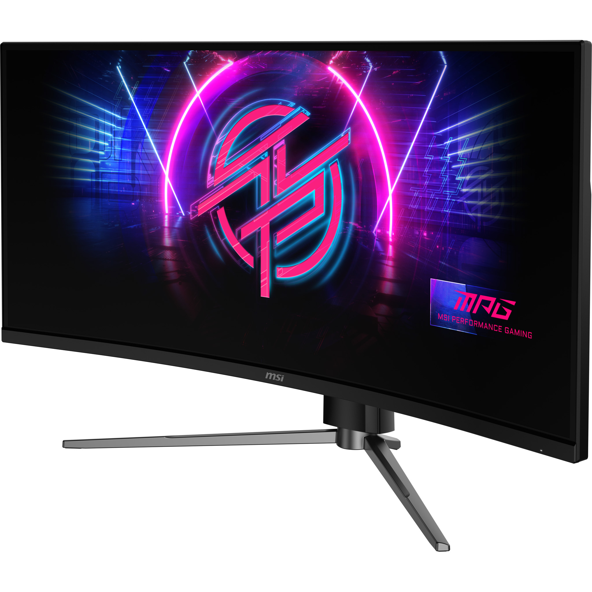 Curved MSI gaming monitor. Display shows a logo and neon lights. It has a black frame and silver stand.
