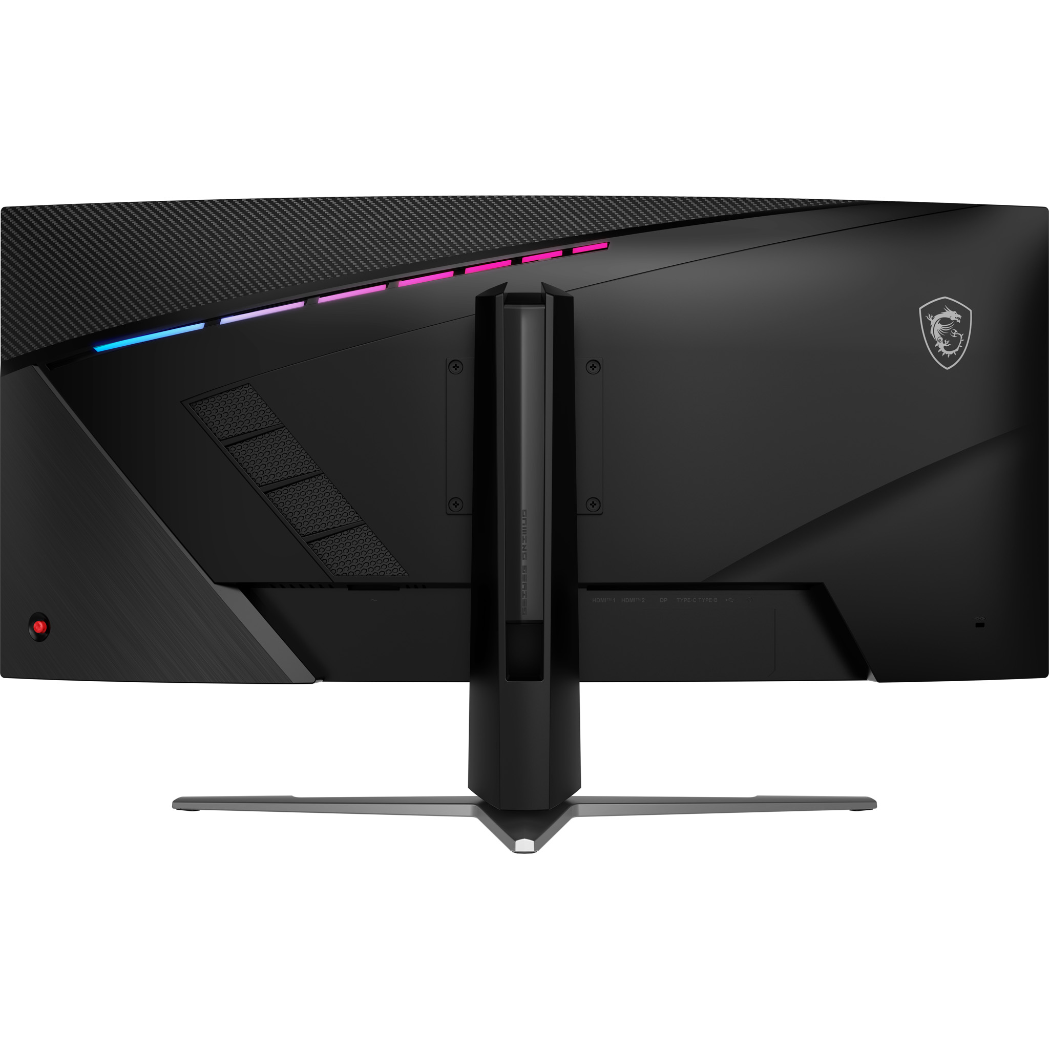 Back of a black curved gaming monitor with stand. It has RGB lights and the MSI logo.