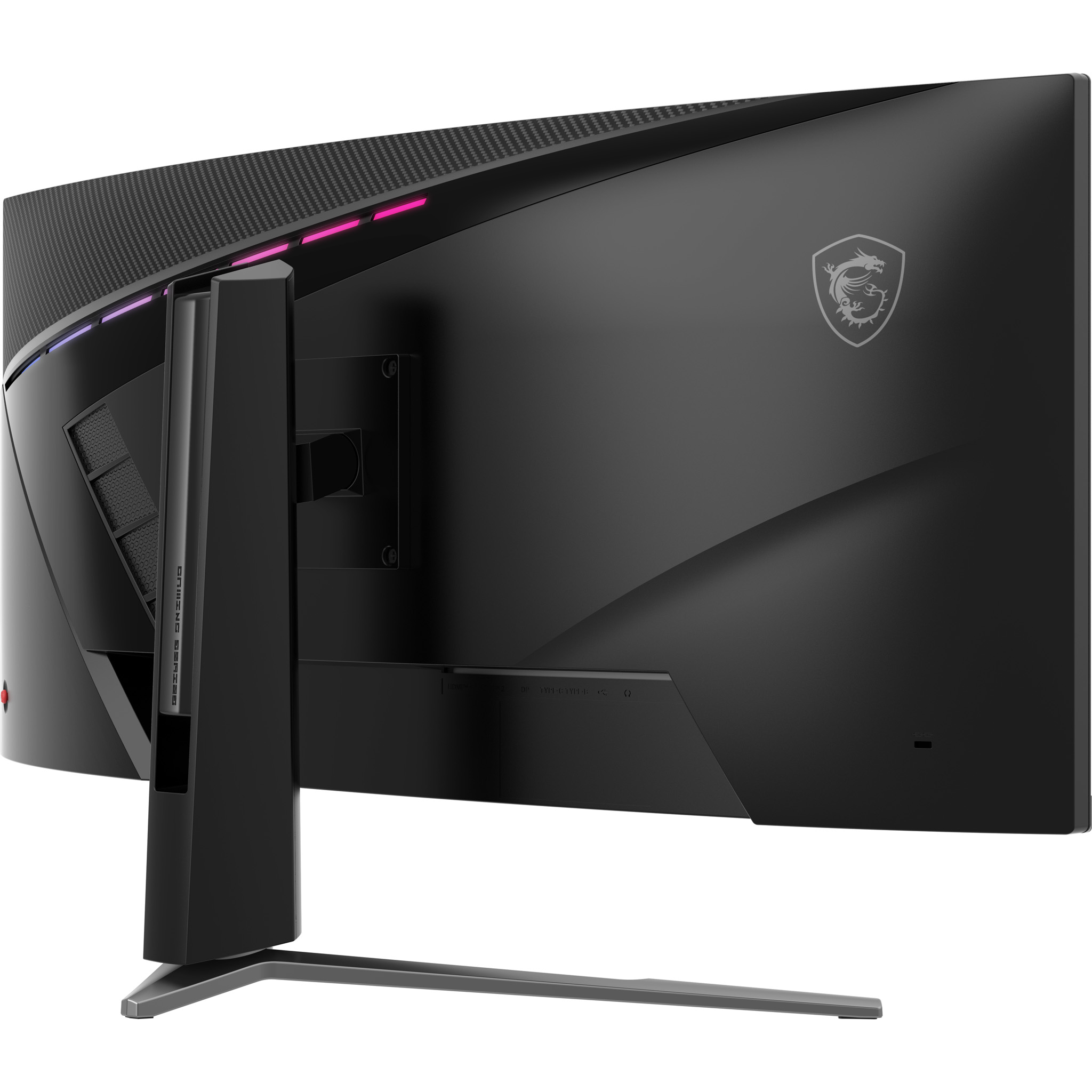 Black curved gaming monitor. The back features a stand, ports, and an MSI logo. LED lights and carbon fiber texture on top.