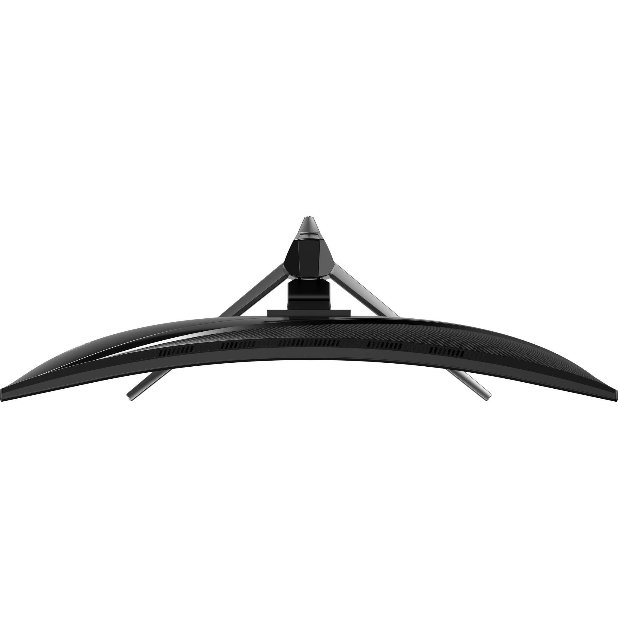 A curved black computer monitor, top view, with a black stand and silver legs, against a white background.