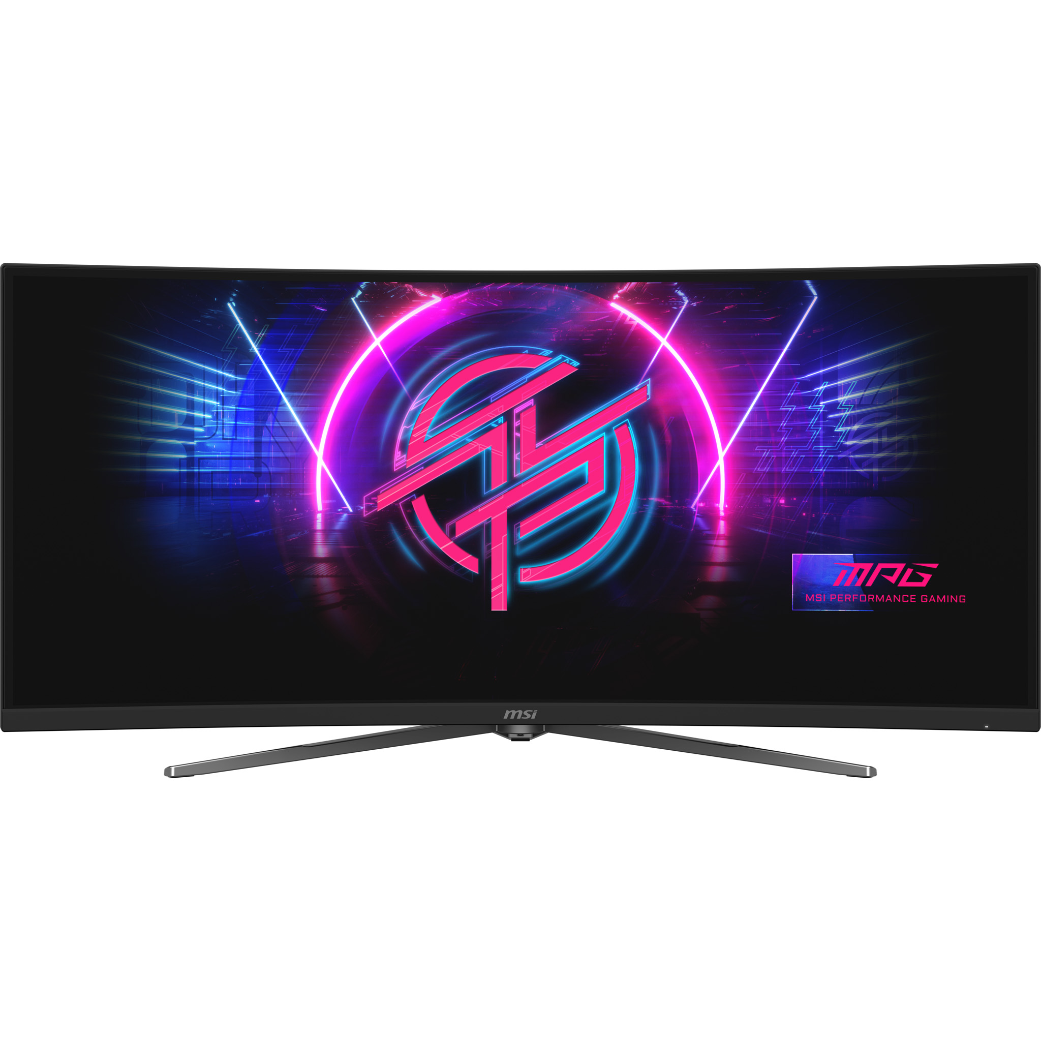 Curved MSI gaming monitor. Screen displays a pink and blue logo on a dark background. Metallic stand, black frame.