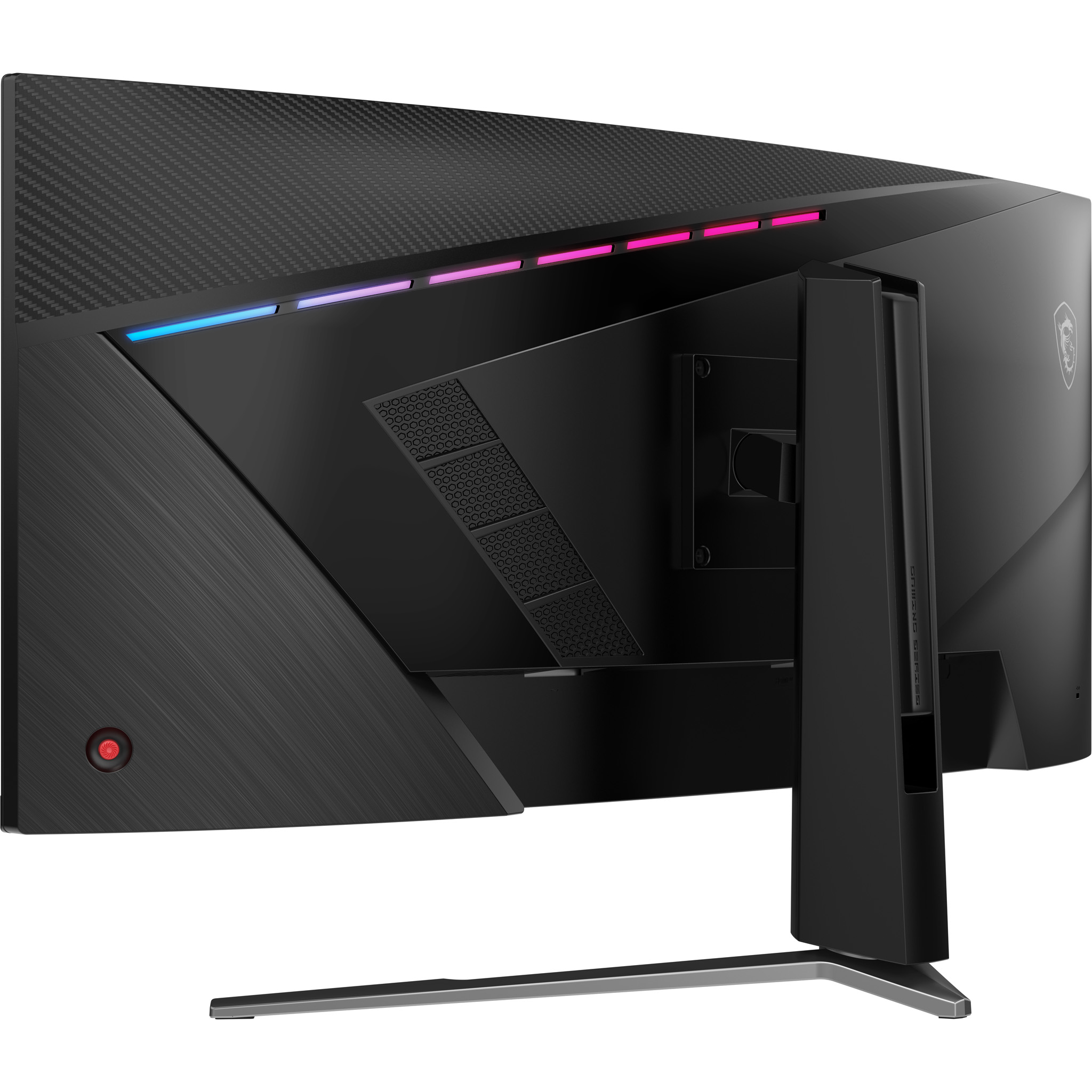 Black gaming monitor with colored lights on top. The monitor has a stand and a red button on the side.
