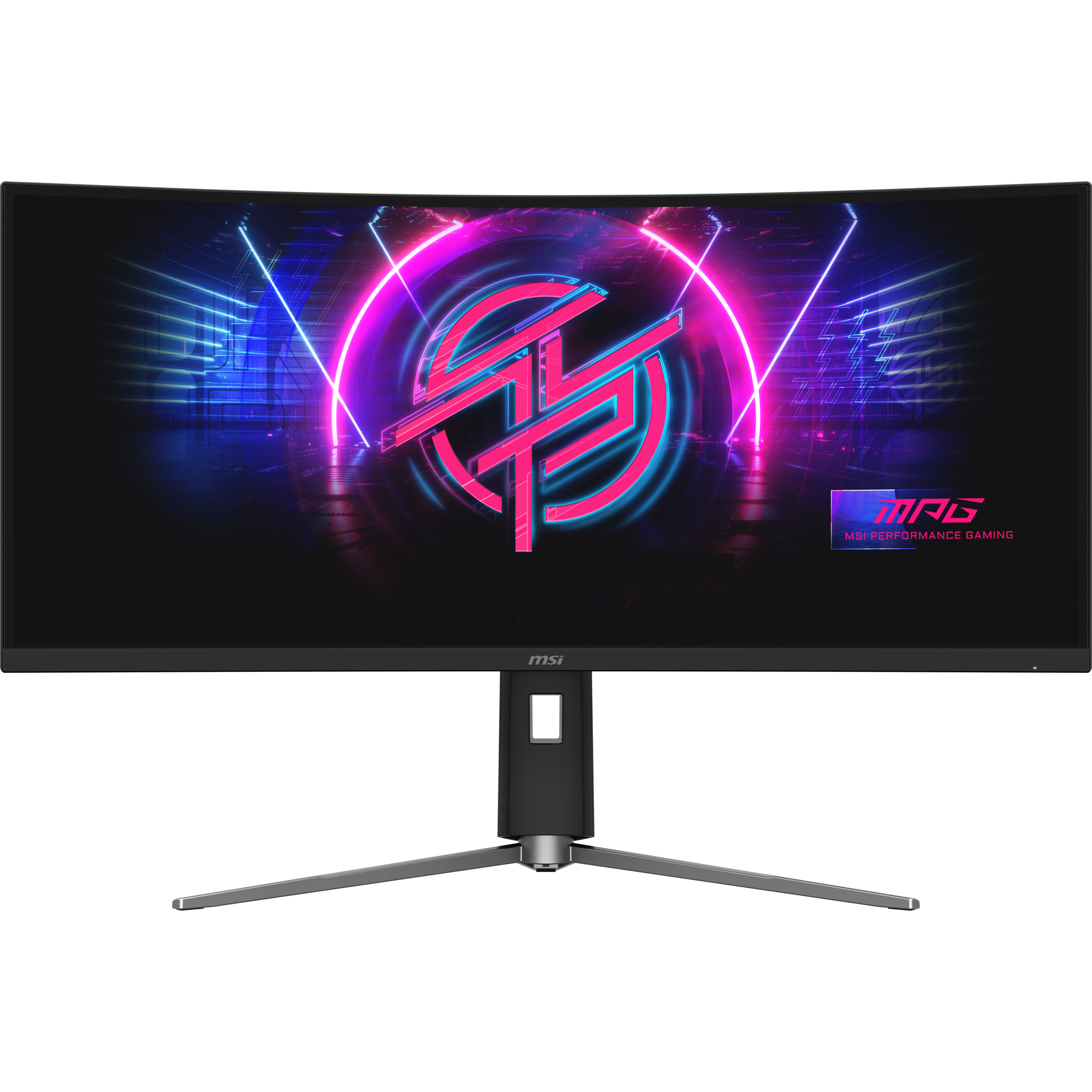 Curved MSI monitor with neon logo on screen. Black frame, silver stand. The screen displays a neon graphic design.