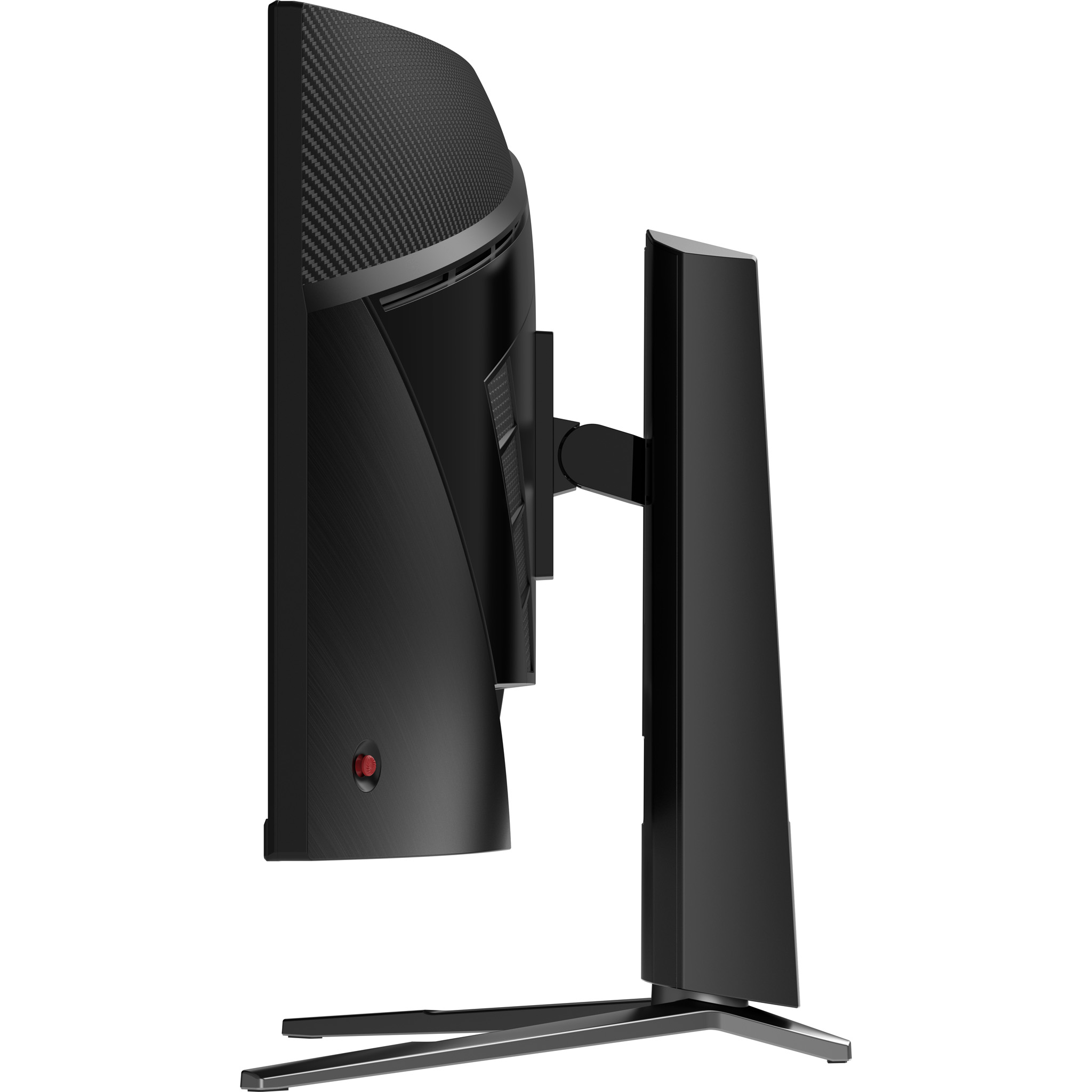 A black curved monitor from the side. It has a carbon fiber design on the back. A red button is visible.