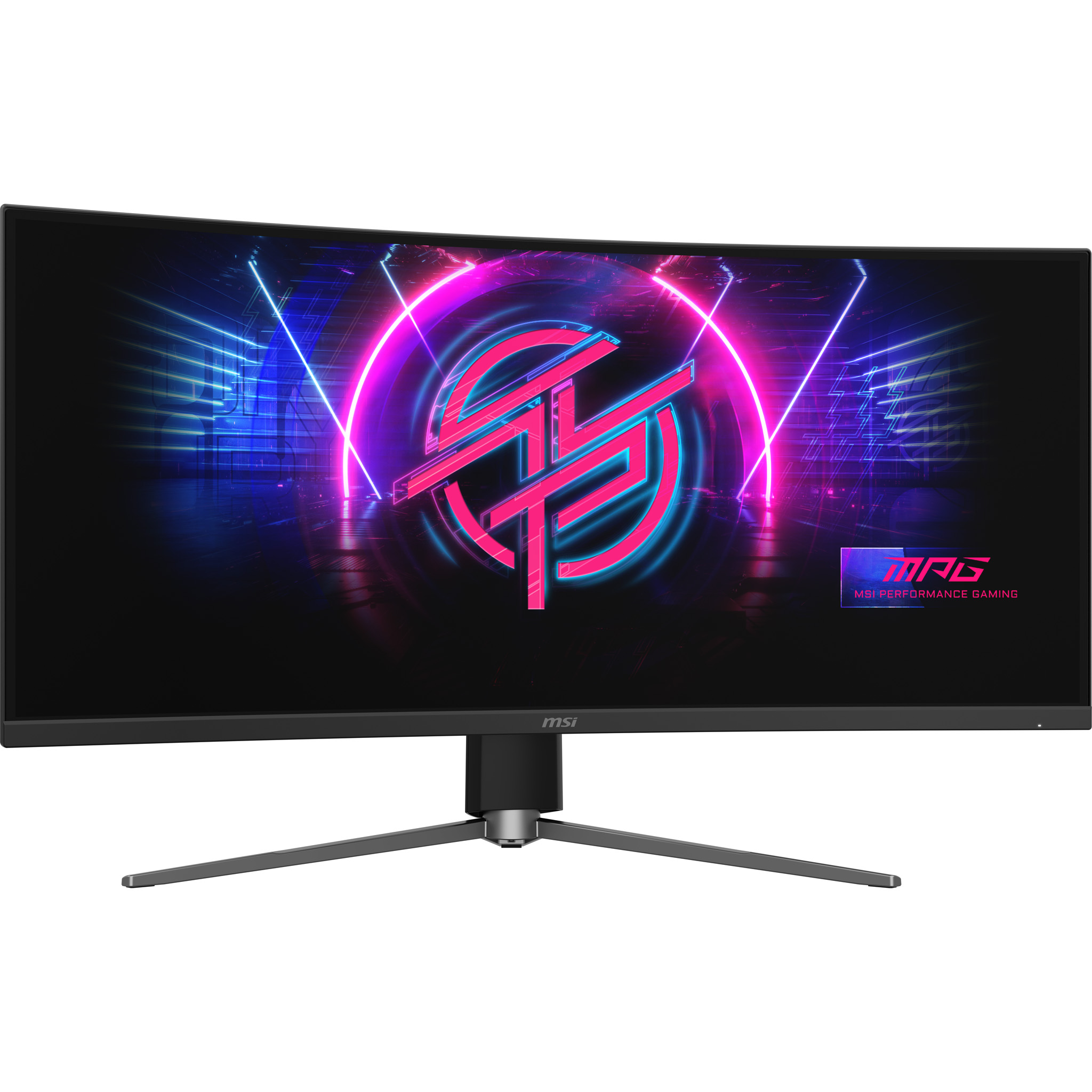 Curved MSI gaming monitor. Displaying a neon graphic. It has a black frame and a silver stand.