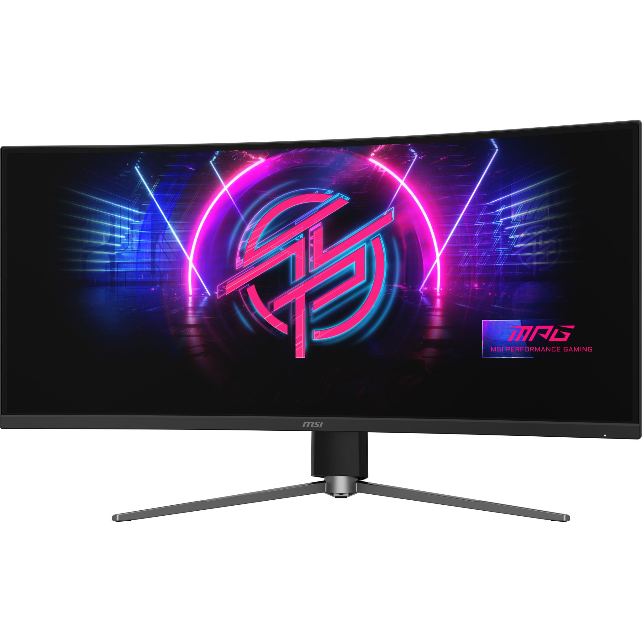 Curved MSI gaming monitor. Screen displays a pink and blue logo. The monitor is on a gray stand, white background.