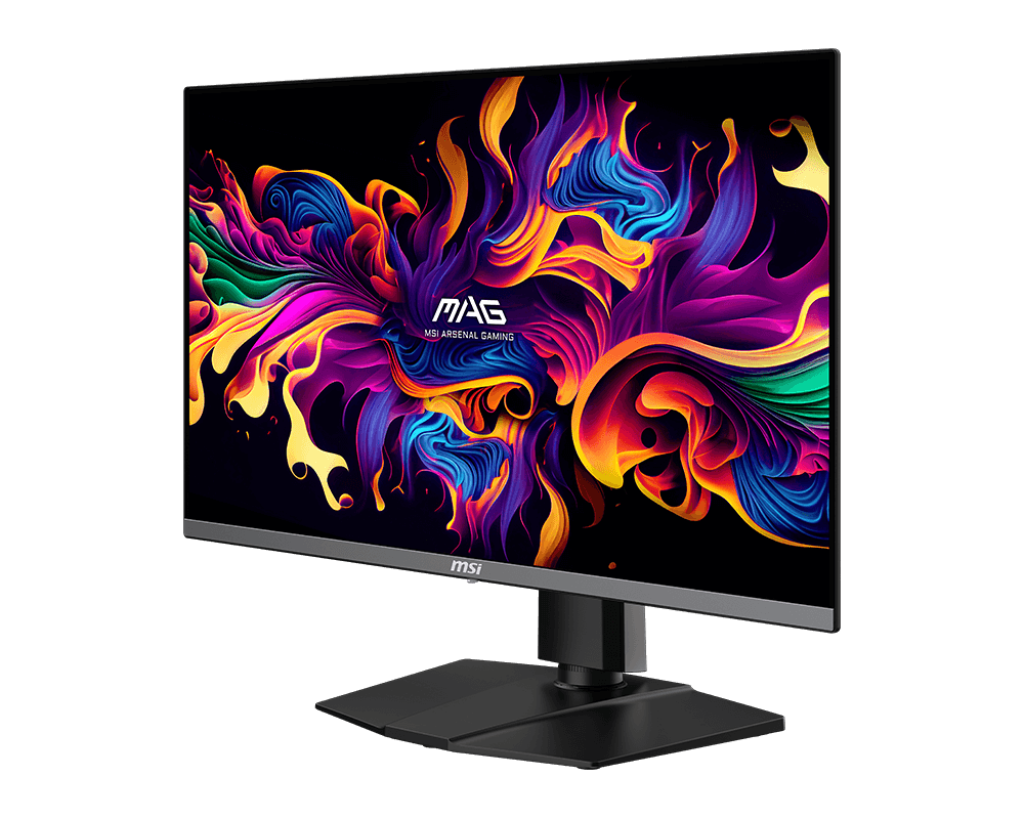 Moniteur de jeu MSI affichant un art abstrait coloré. L'écran est sur un support noir, avec le logo MSI visible.