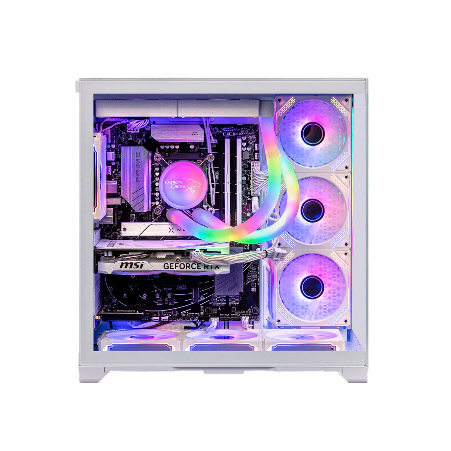 Boîtier d'ordinateur blanc avec composants internes: refroidisseur CPU, GPU, carte mère et ventilateurs avec éclairage RVB. Tous les composants sont visibles.