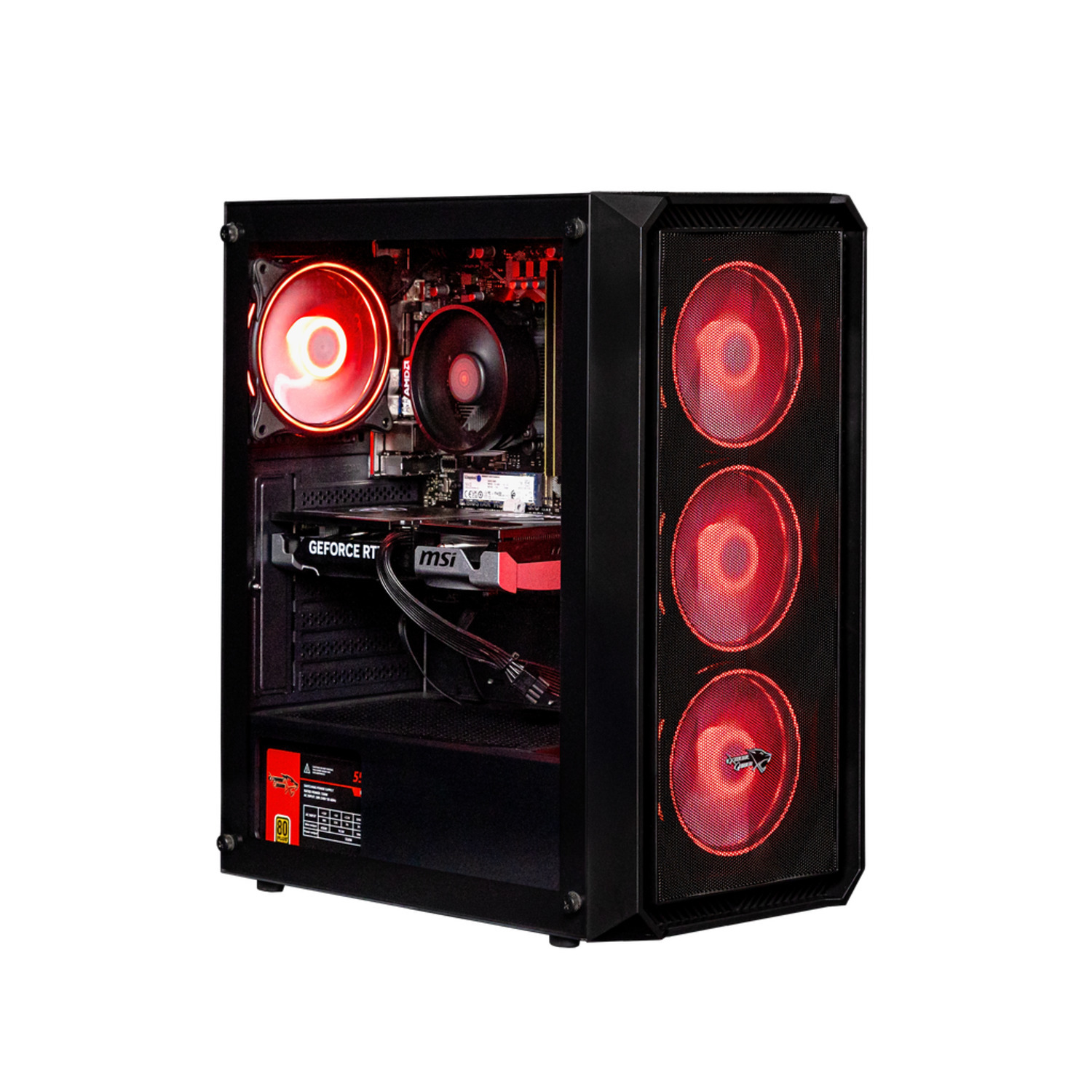 Zwarte pc-toren met rood verlichte ventilatoren. Interne componenten zichtbaar, waaronder een grafische kaart en CPU-koeler. Frontpaneel met rode lichten.