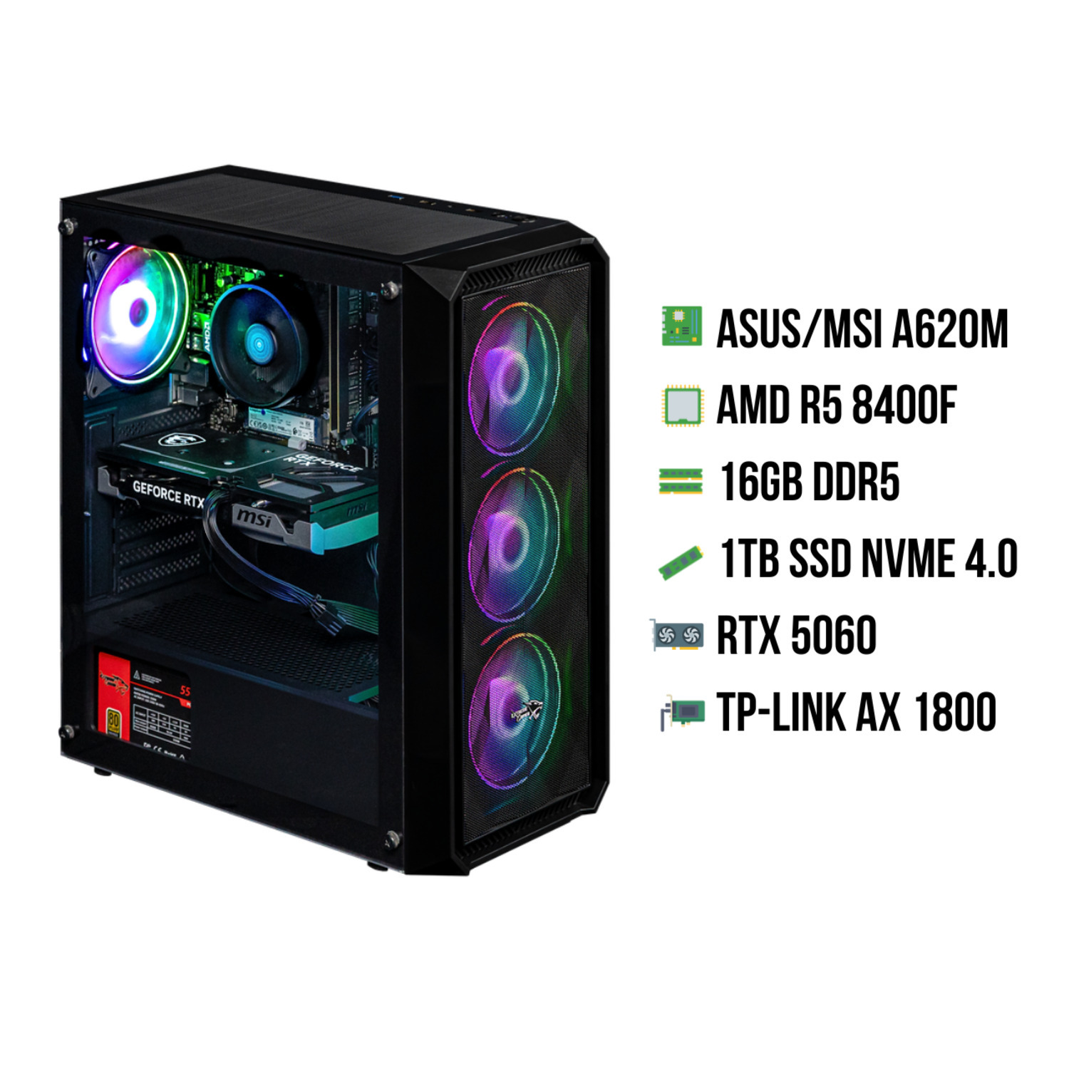 A black computer case with internal components visible, including a graphics card, fans, and a list of specifications on the right.