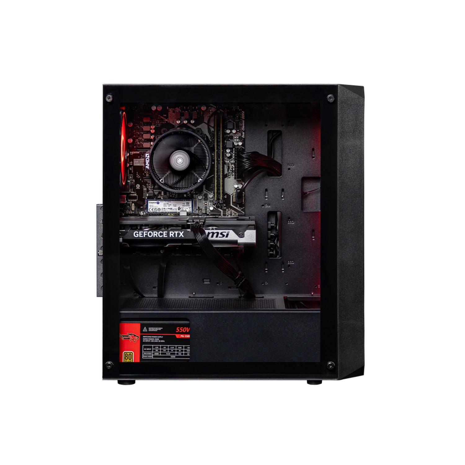 A computer case with components visible: a graphics card, CPU, and power supply. Red LED lighting is present inside the case.