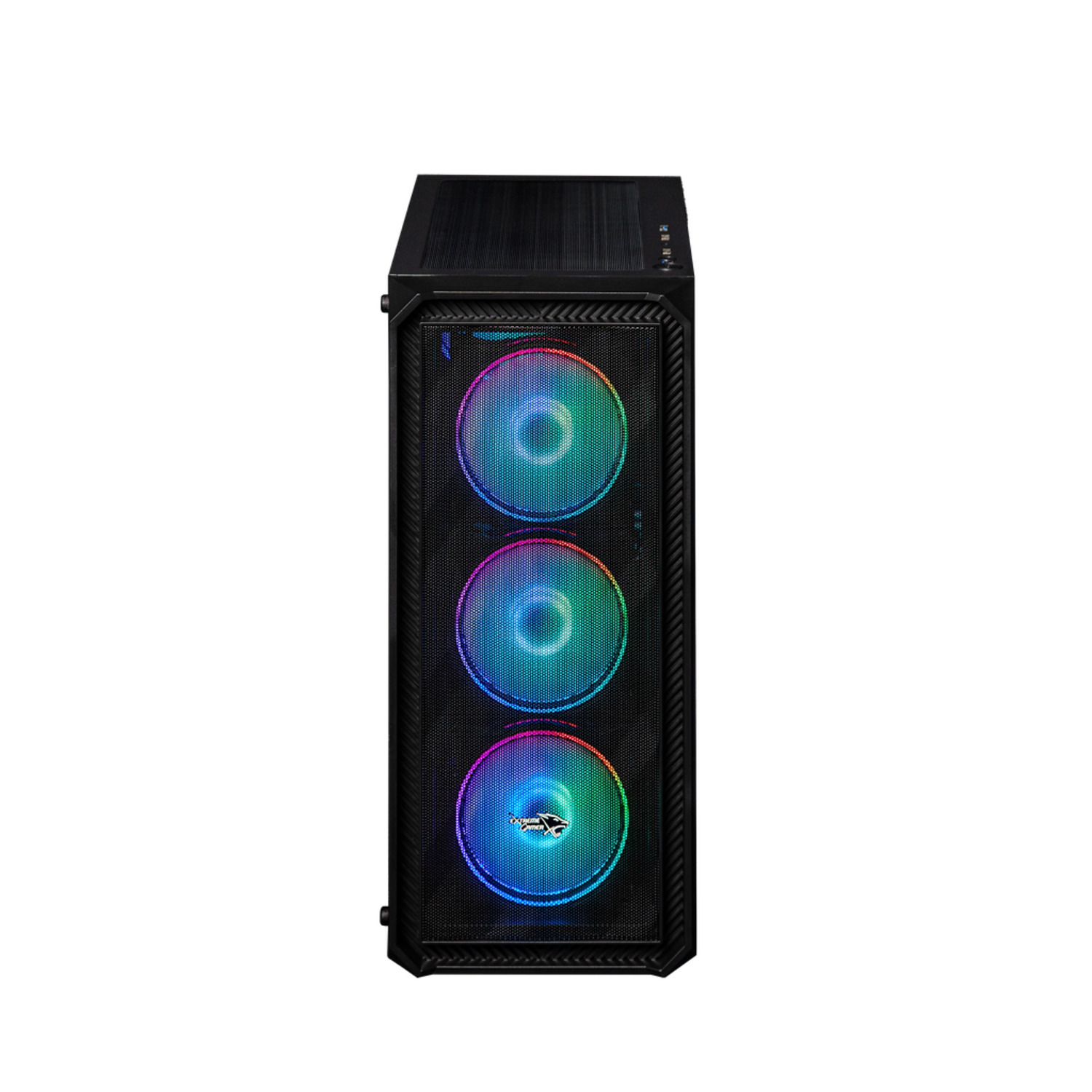 Black computer case with three illuminated fans. The fans have a rainbow color effect. The case is on a white background.