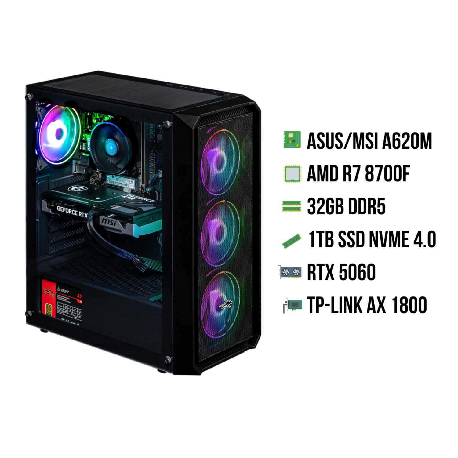 Een zwarte computerkast met kleurrijke ventilatoren. Specificaties zijn onder meer ASUS/MSI A620M, AMD R7 8700F, 32GB DDR5, 1TB SSD, RTX 5060 en TP-LINK AX 1800.