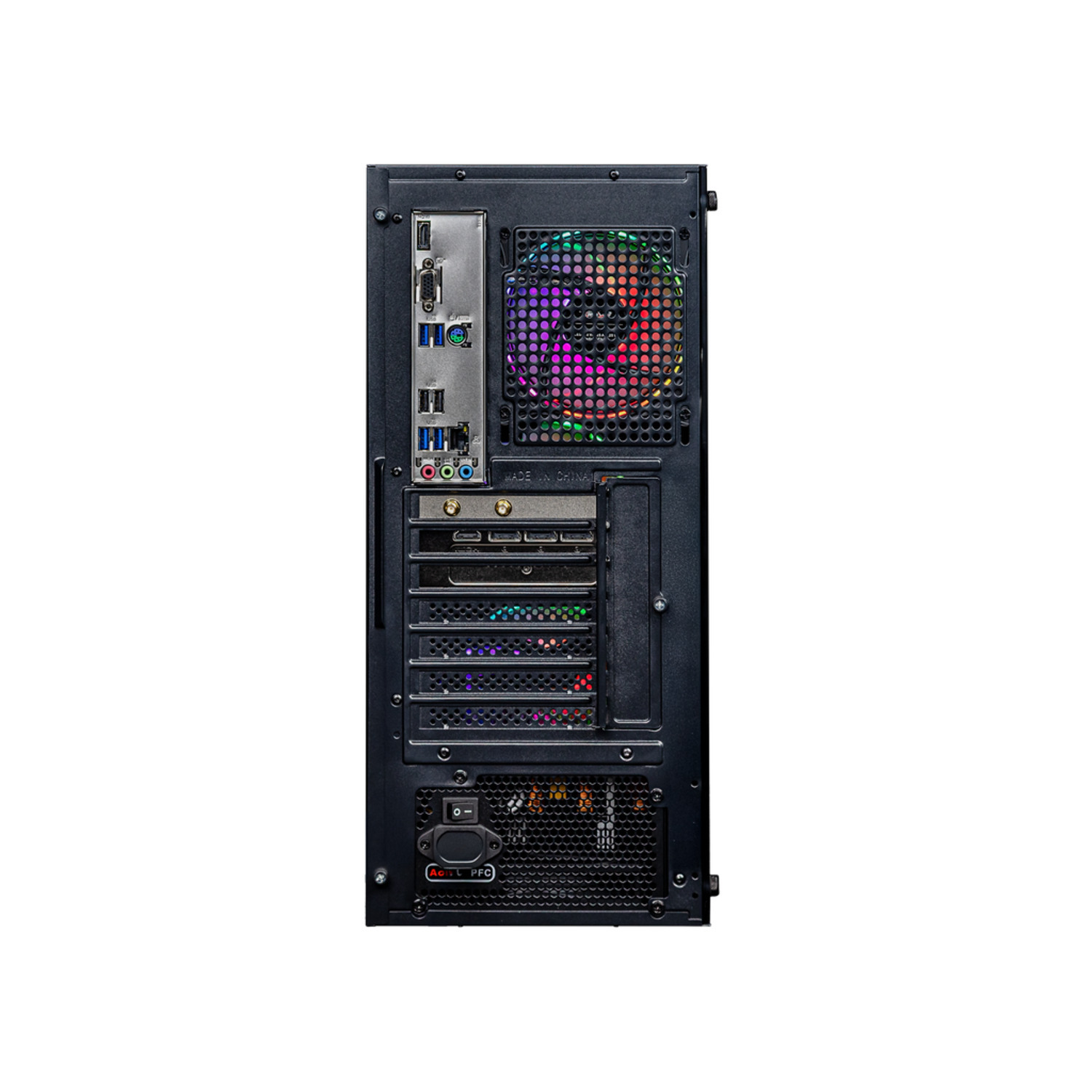 Achteraanzicht van een zwarte computerkast. Het toont het achterpaneel met diverse poorten en een kleurrijk verlichte ventilator.
