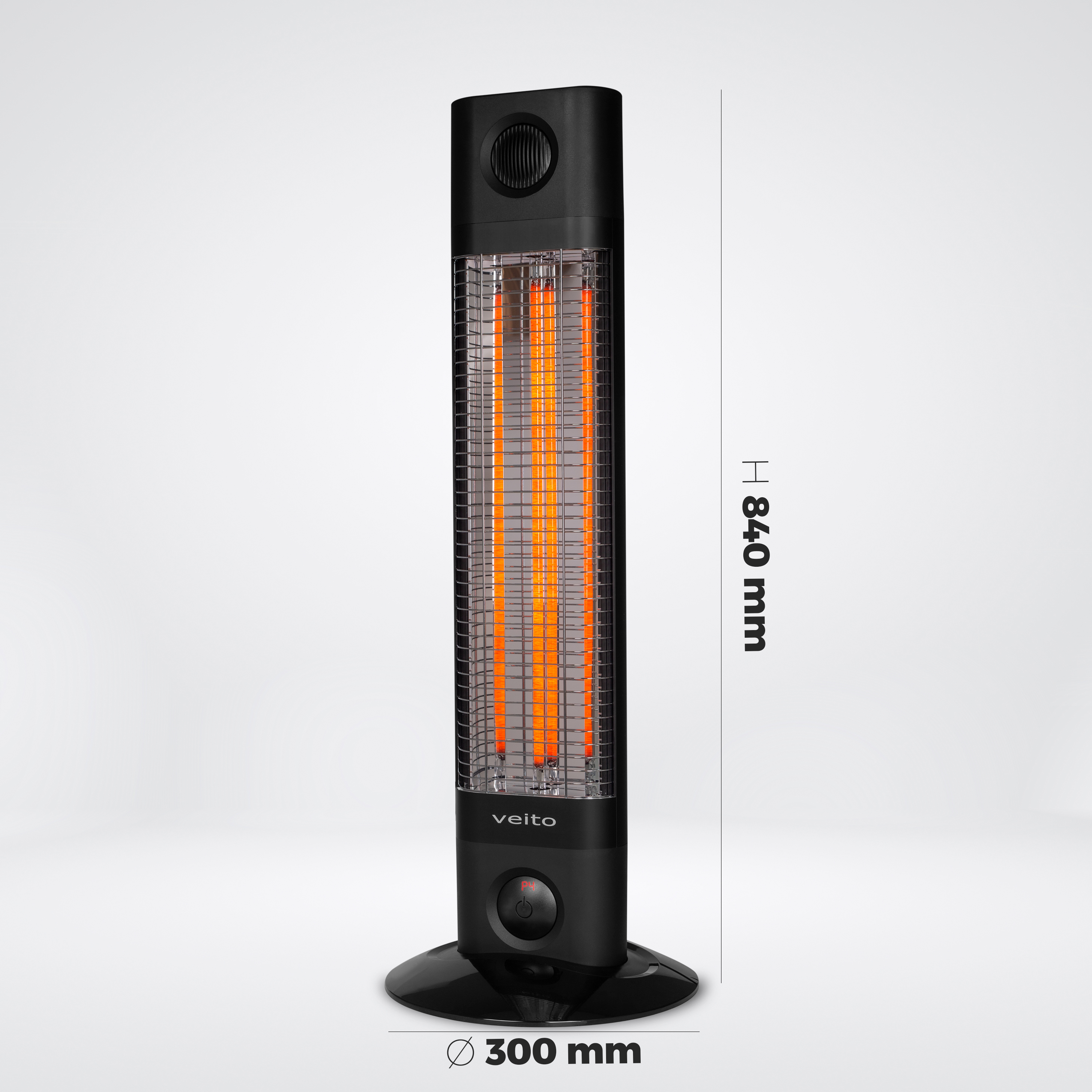 Turuncu ısıtma elemanlarına sahip siyah Veito ısıtıcı. Boyutlar: 840 mm yükseklik, 300 mm taban çapı.