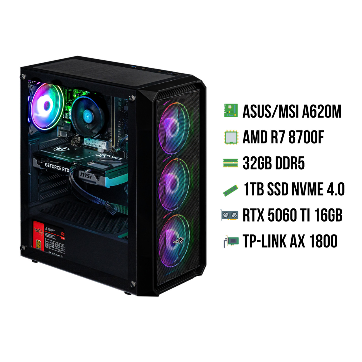 A black computer case with visible components, including a graphics card and cooling fans. Specifications are listed on the right.