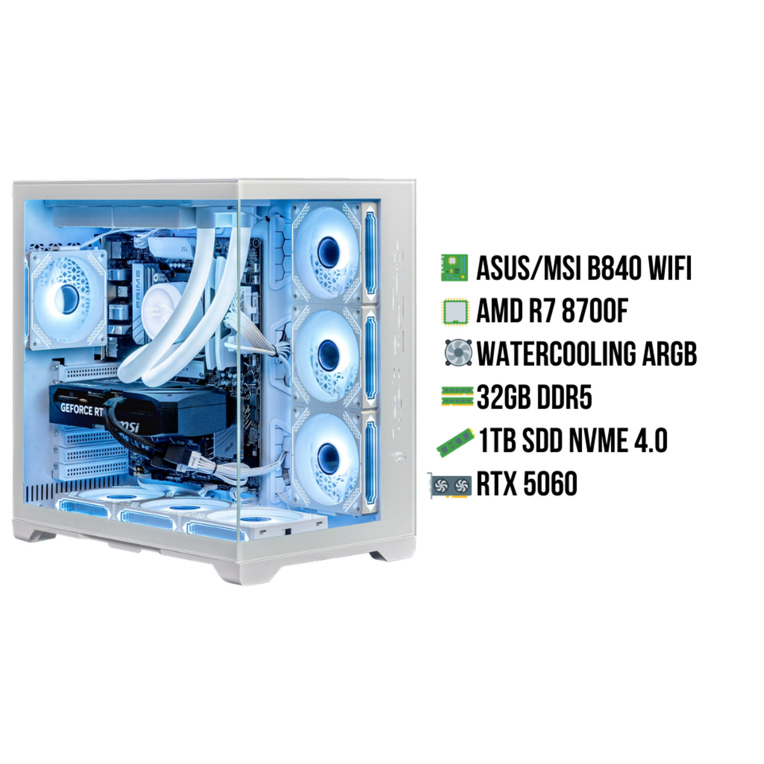 Een witte pc-behuizing met blauw verlichte interne componenten. Specificaties: ASUS/MSI B840, AMD R7 8700F, waterkoeling, 32GB DDR5, 1TB SSD, RTX 5060.